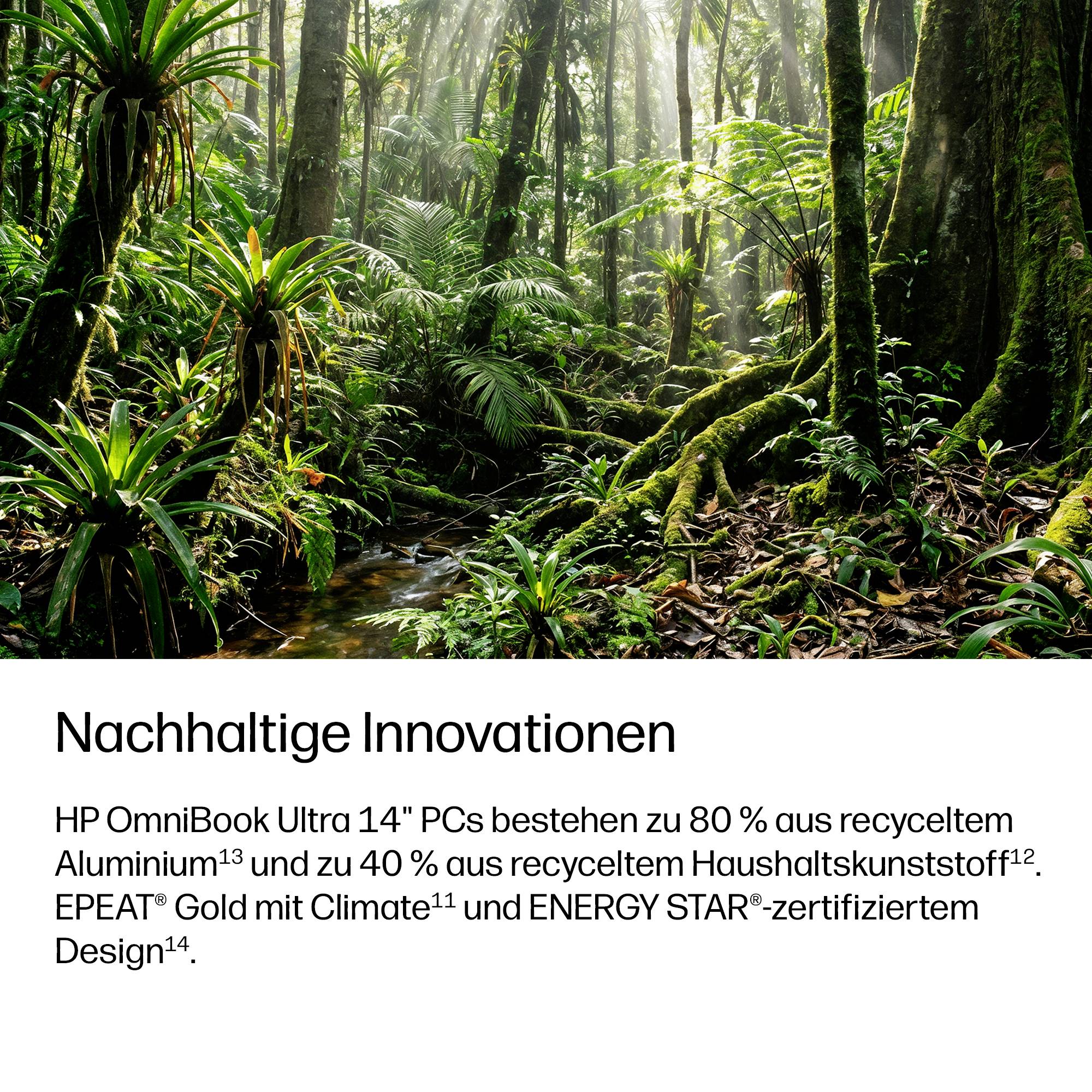 Üppiger Regenwald über deutschem Text, der "Nachhaltige Innovationen" bewirbt und HP OmniBook Ultra 14-PCs aus recycelten Materialien mit ENERGY STAR-Zertifizierung.