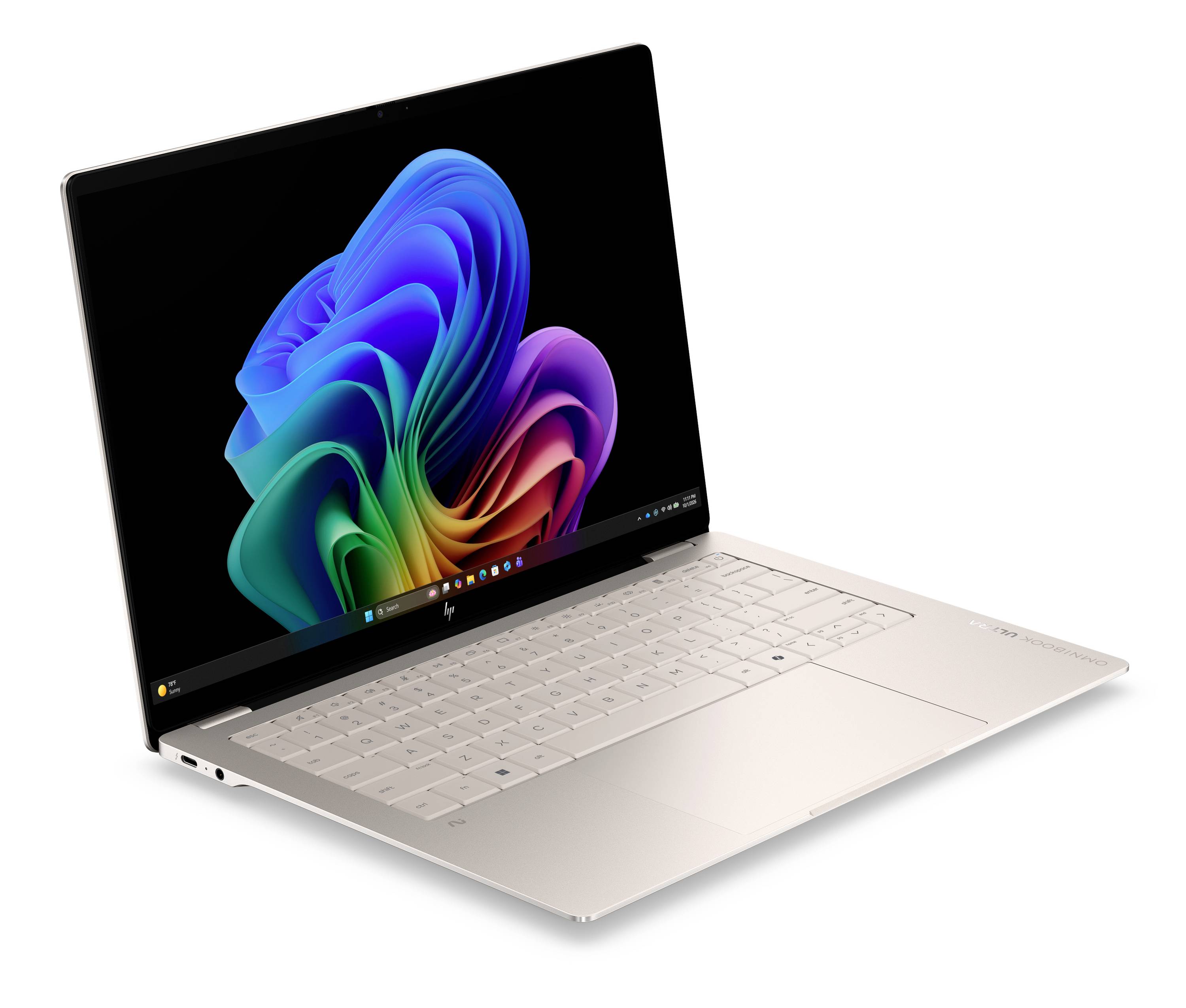Silber-HP-Laptop in einem Winkel geöffnet, wobei auf dem Bildschirm ein buntes abstraktes Blumen-Hintergrundbild angezeigt wird.