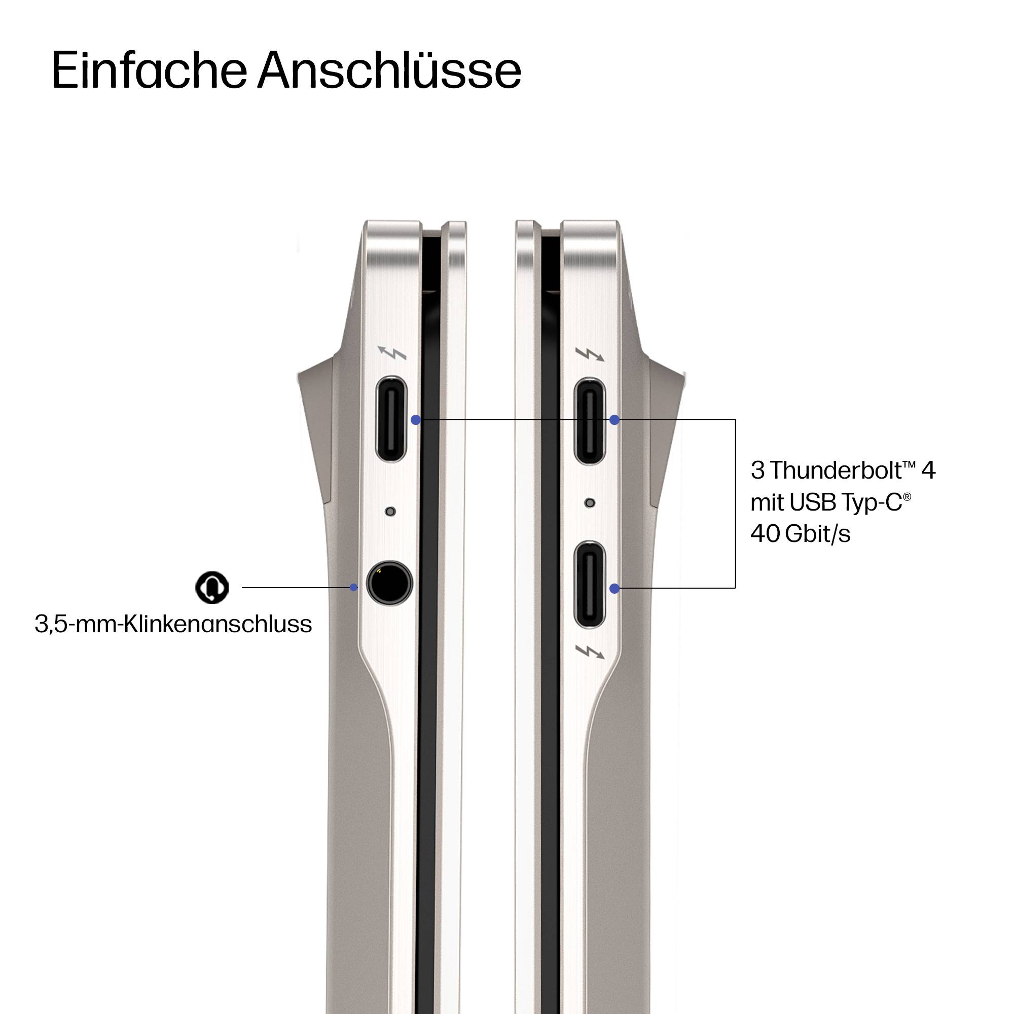 Diagramm mit dem Titel „Einfache Anschlüsse" zeigt die Anschlüsse eines Geräts: eine 3,5-mm-Kopfhörerbuchse und drei Thunderbolt-4-USB-C-Anschlüsse mit 40 Gbit/s.