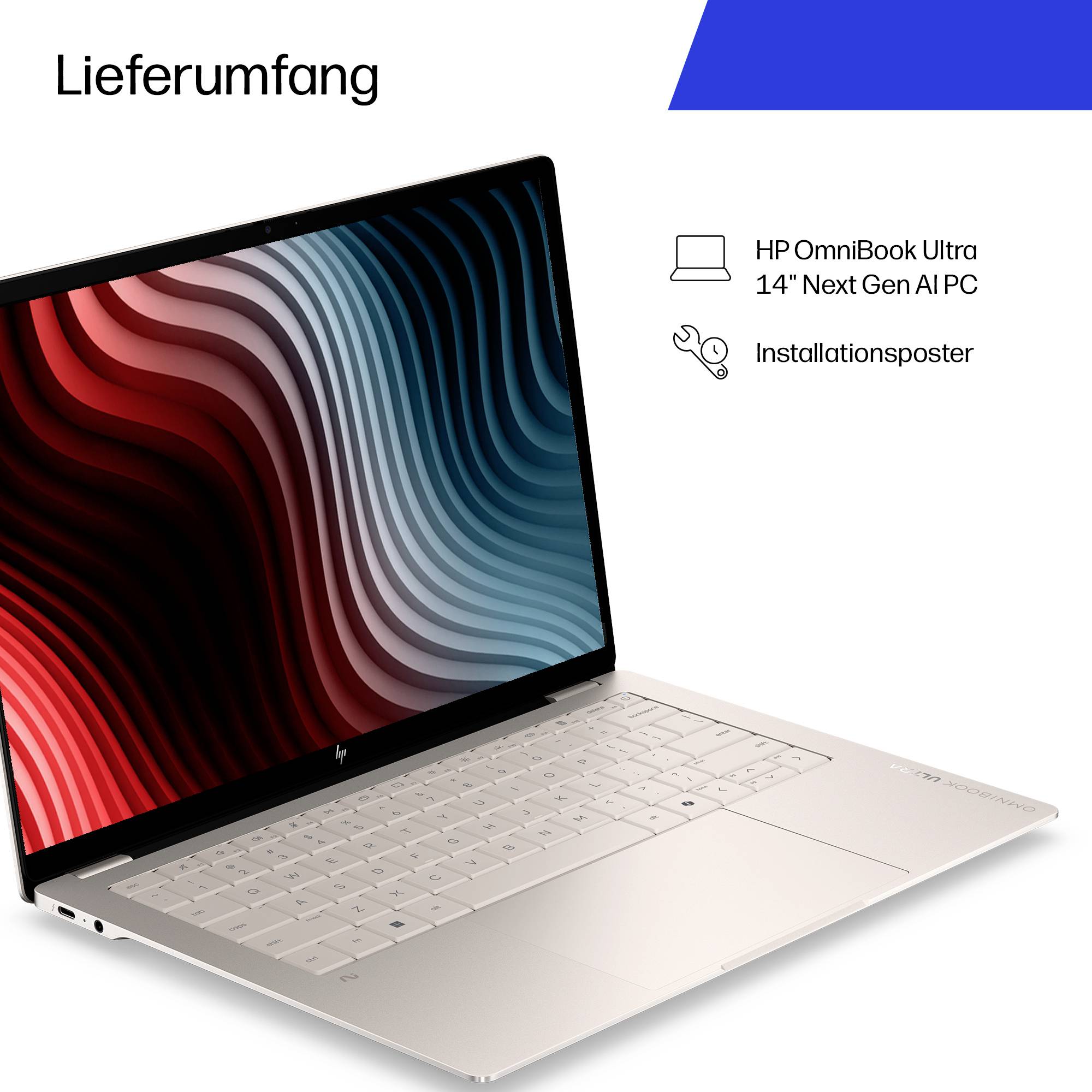 Produktlieferungsabbildung, die einen HP OmniBook Ultra 14 Next Gen AI PC Laptop und ein Installationsplakat unter der Überschrift "Lieferumfang" (Zubehör im Lieferumfang enthalten) zeigt.