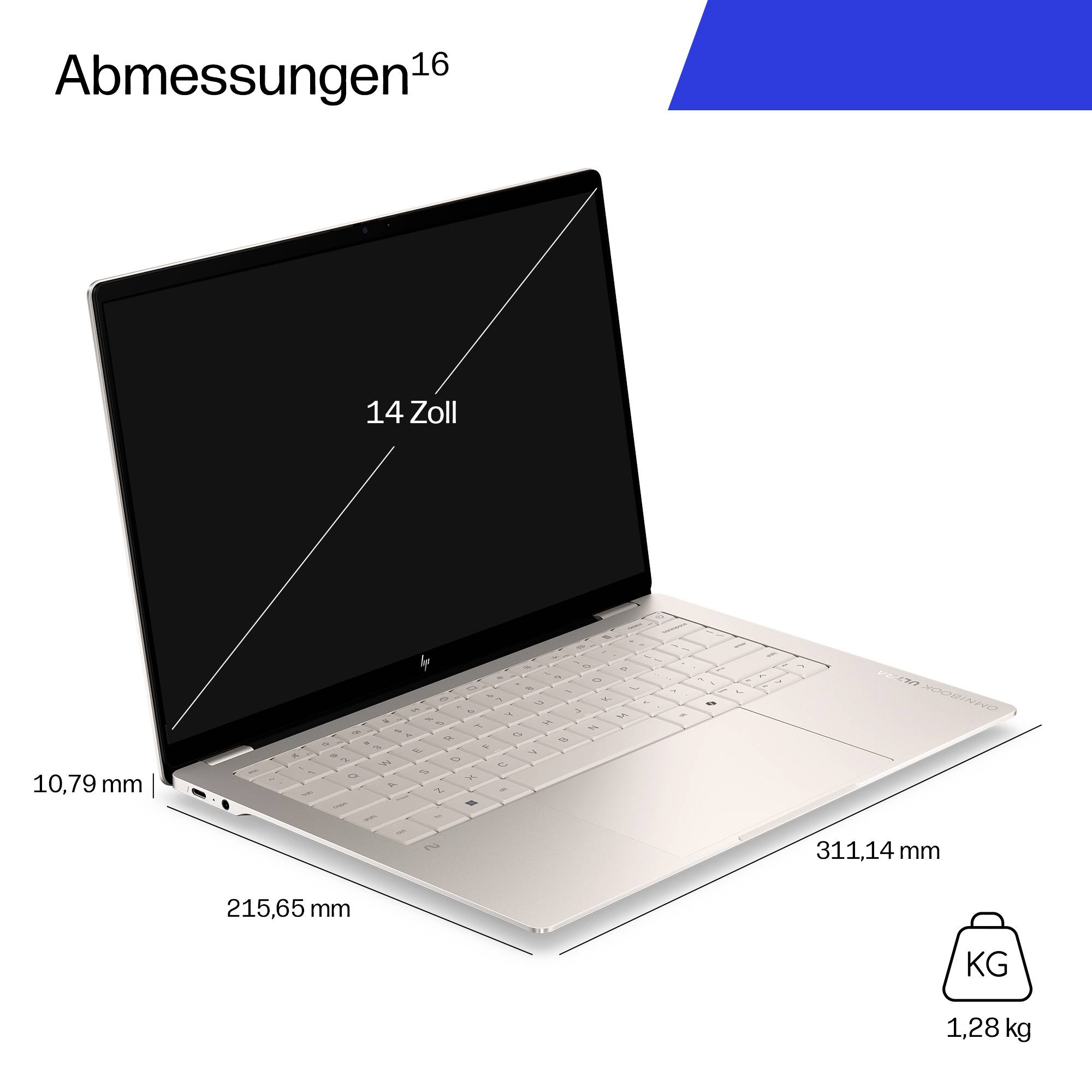 Diagramm zeigt Abmessungen eines 14-Zoll-Laptops: 311,14 mm breit, 215,65 mm tief, 10,79 mm dick, Gewicht 1,28 kg.