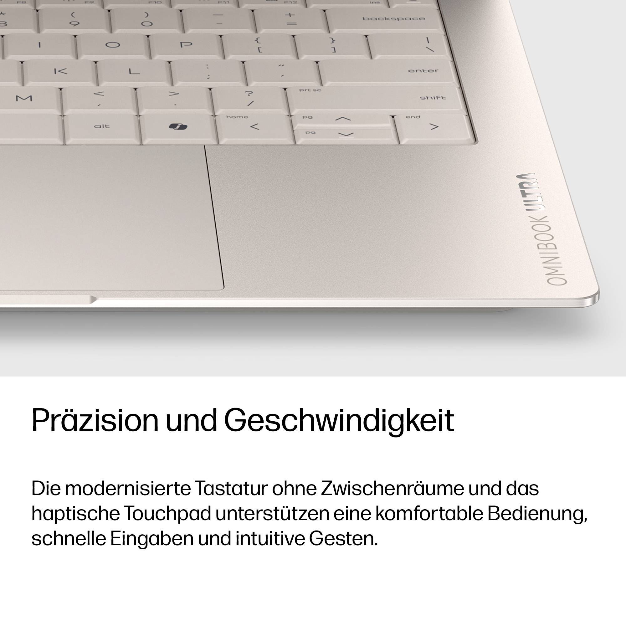 Nahaufnahme einer silbernen Laptop-Tastatur und eines Touchpads mit deutschem Text darunter: "Präzision und Geschwindigkeit", das verbesserte Eingaben, Gesten und Geschwindigkeit beschreibt.