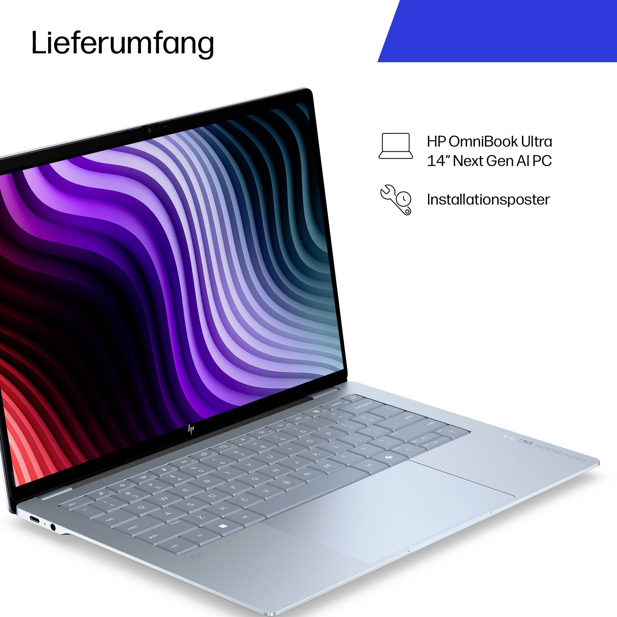 HP OmniBook Ultra 14" PC der nächsten Generation mit KI, gezeigt mit beigelegtem Installationsposter; ein silberner Laptop mit abstraktem violettem Bildschirm.