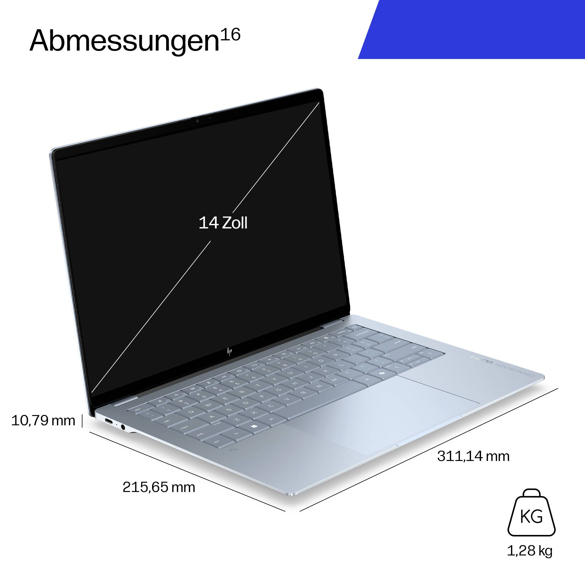 Diagramm eines 14-Zoll-Laptops mit den Abmessungen 311,14 mm x 215,65 mm x 10,79 mm und einem Gewicht von 1,28 kg.