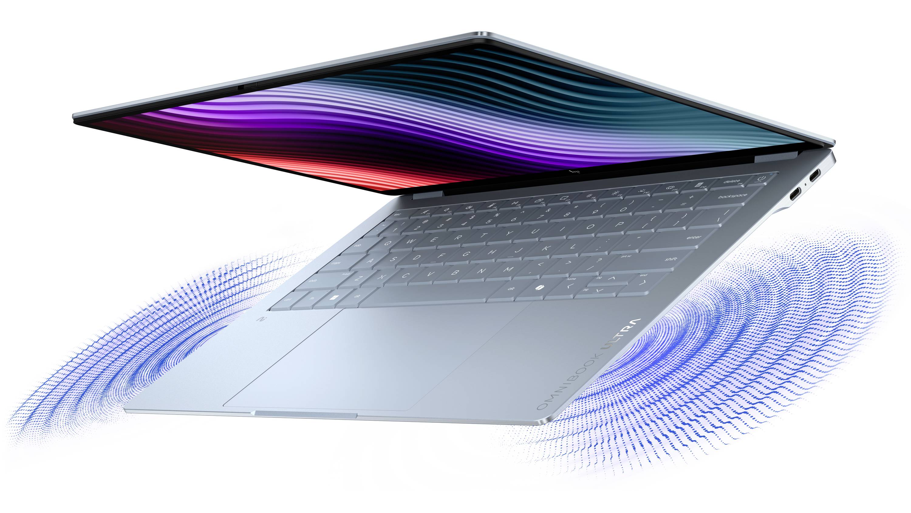Offener Laptop mit farbenfrohem Bildschirm, in einem Winkel dargestellt mit blauen Wellengrafiken, die Schall- oder Bewegungseffekte andeuten.