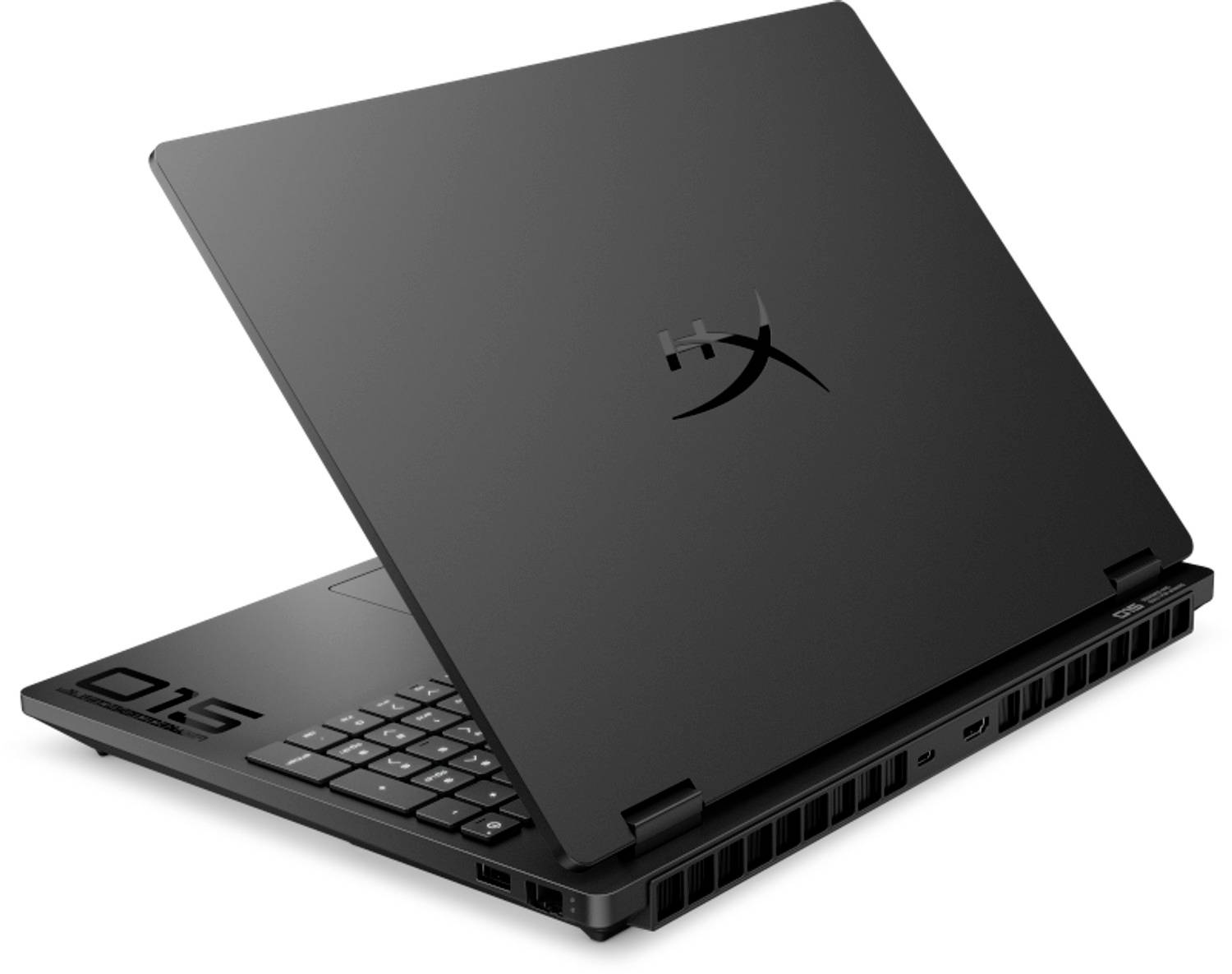 Gaming-Laptop in Schwarz, teilweise geöffnet, zeigt Tastatur und Seitenlüftungsschlitze auf weißem Hintergrund.