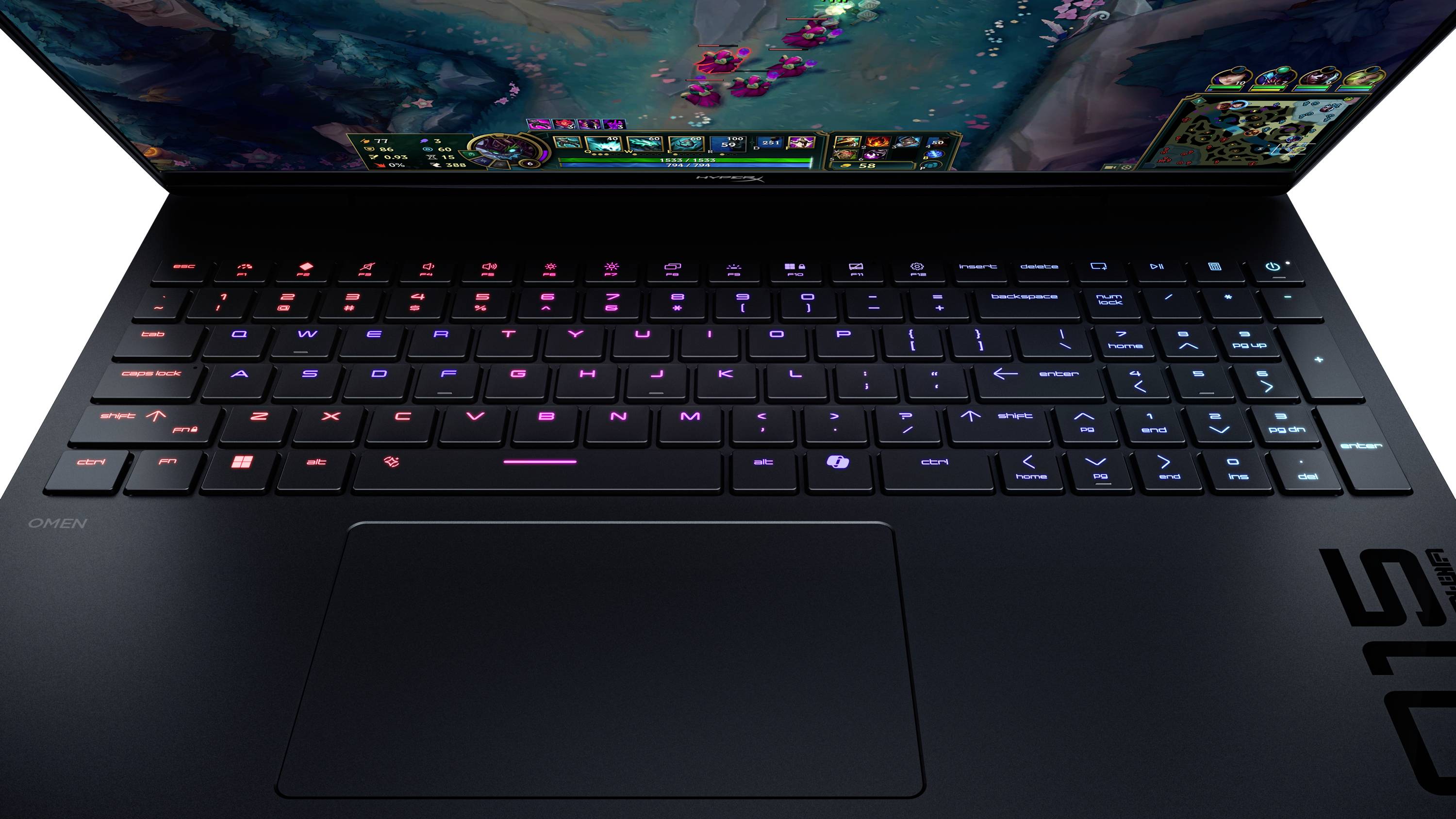Offener Gaming-Laptop mit RGB-beleuchterter Tastatur und Trackpad, auf dem Bildschirm wird ein Fantasy-Spiel angezeigt.