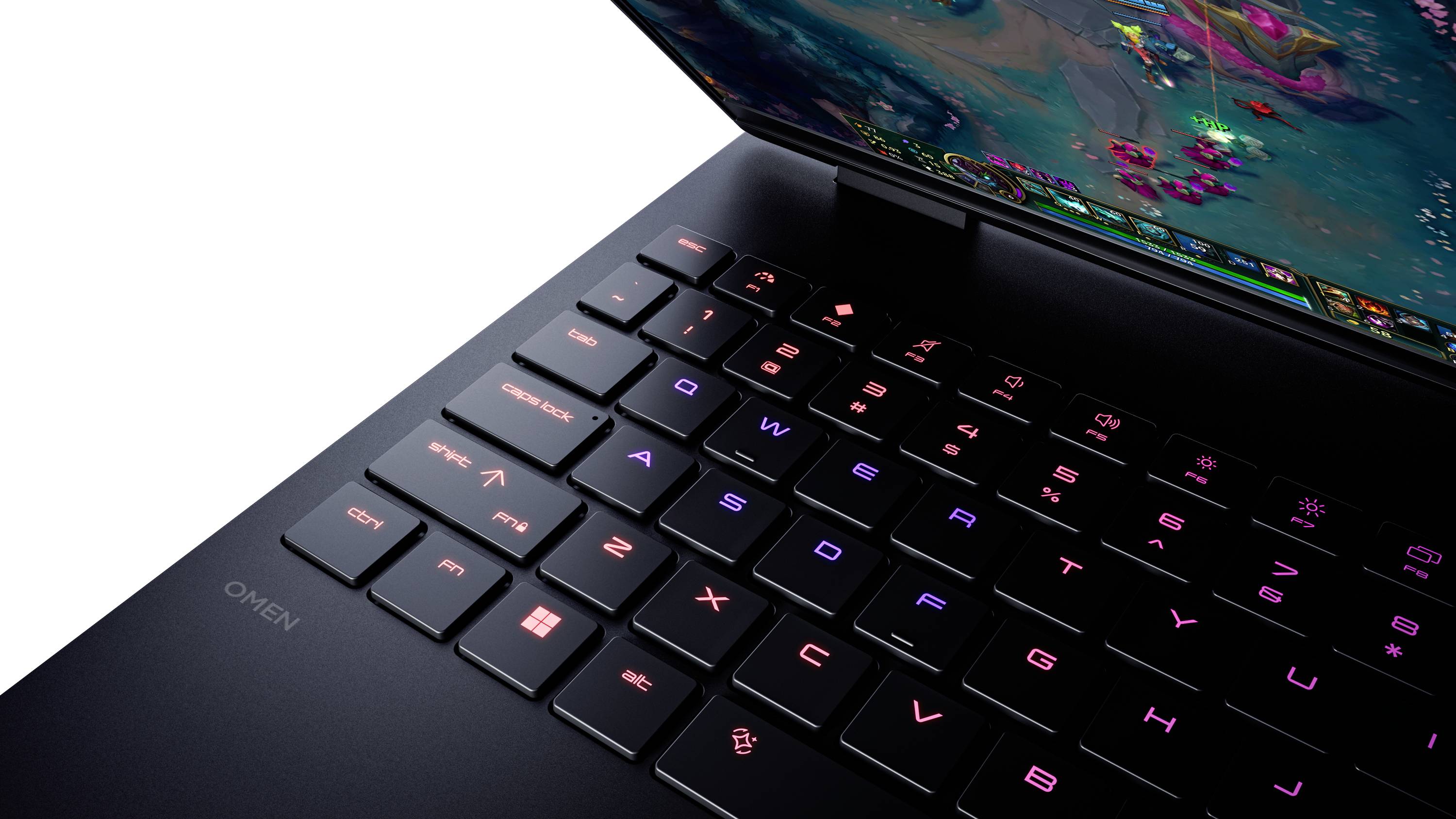 Nahaufnahme einer HP Omen Laptop-Tastatur mit beleuchteten Gaming-Tasten und einem teilweise sichtbaren Bildschirm darüber.