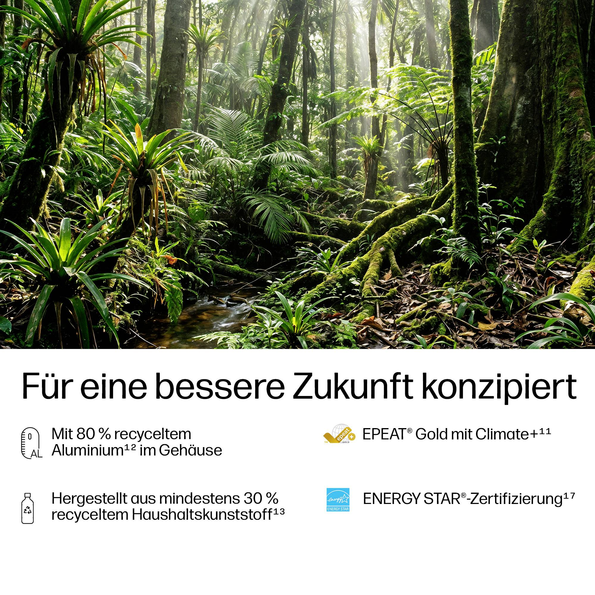 Üppige Regenwaldszene über Nachhaltigkeitsaussagen auf Deutsch: 80% recyceltes Aluminium-Gehäuse, 30% recycelter Kunststoff, EPEAT Gold mit Climate+ und ENERGY STAR zertifiziert.