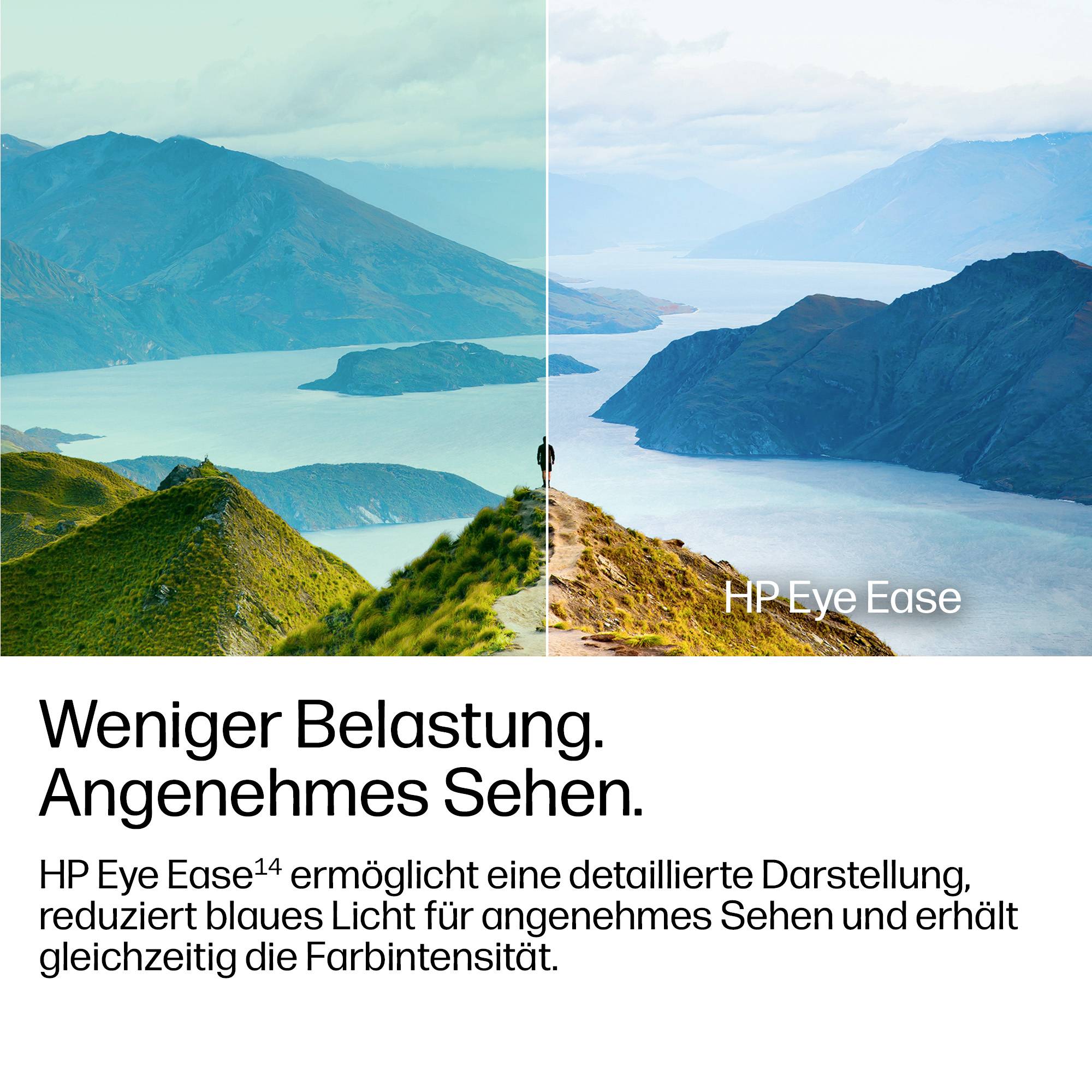 Split landscape photo comparing tinted, reduced-blue-light view with clearer natural color view; text reads 'Weniger Belastung. Angenehmes Sehen.' and 'HP Eye Ease' across bottom.