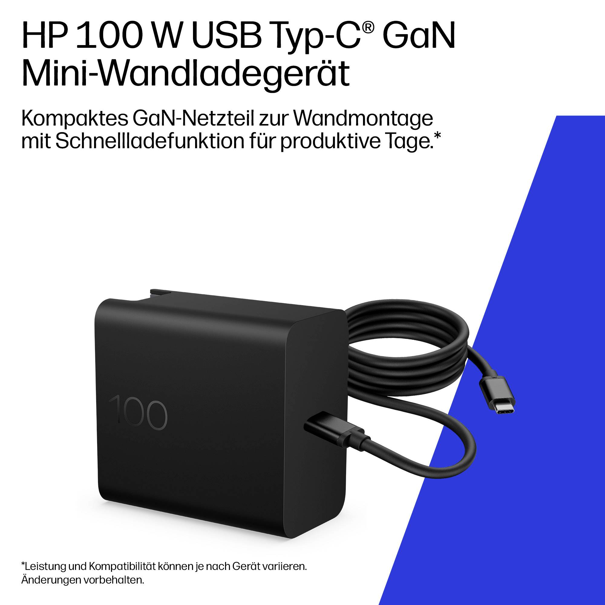 Schwarzes HP 100W USB-C GaN Mini-Wandladegerät mit angekoppeltem Kabel; deutscher Werbetext hebt das kompakte Wandmontage-Design und schnelles Laden für produktive Arbeit hervor.