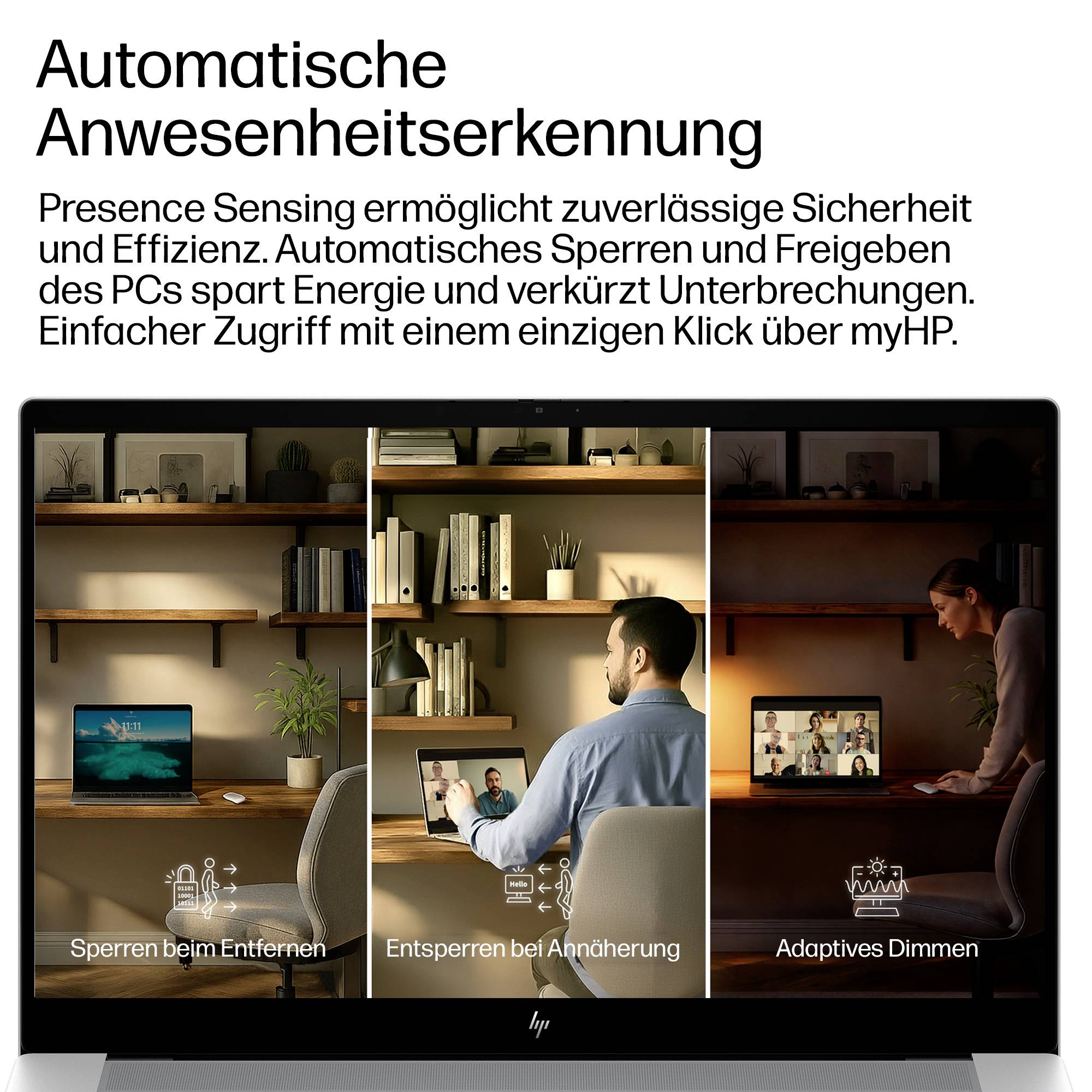 HP-Laptop-Bildschirm zeigt deutsche Einstellung „Automatische Anwesenheitserkennung" mit drei Modi: Sperrung bei Abwesenheit, Entsperrung bei Annäherung, adaptive Bildschirmhelligkeit.