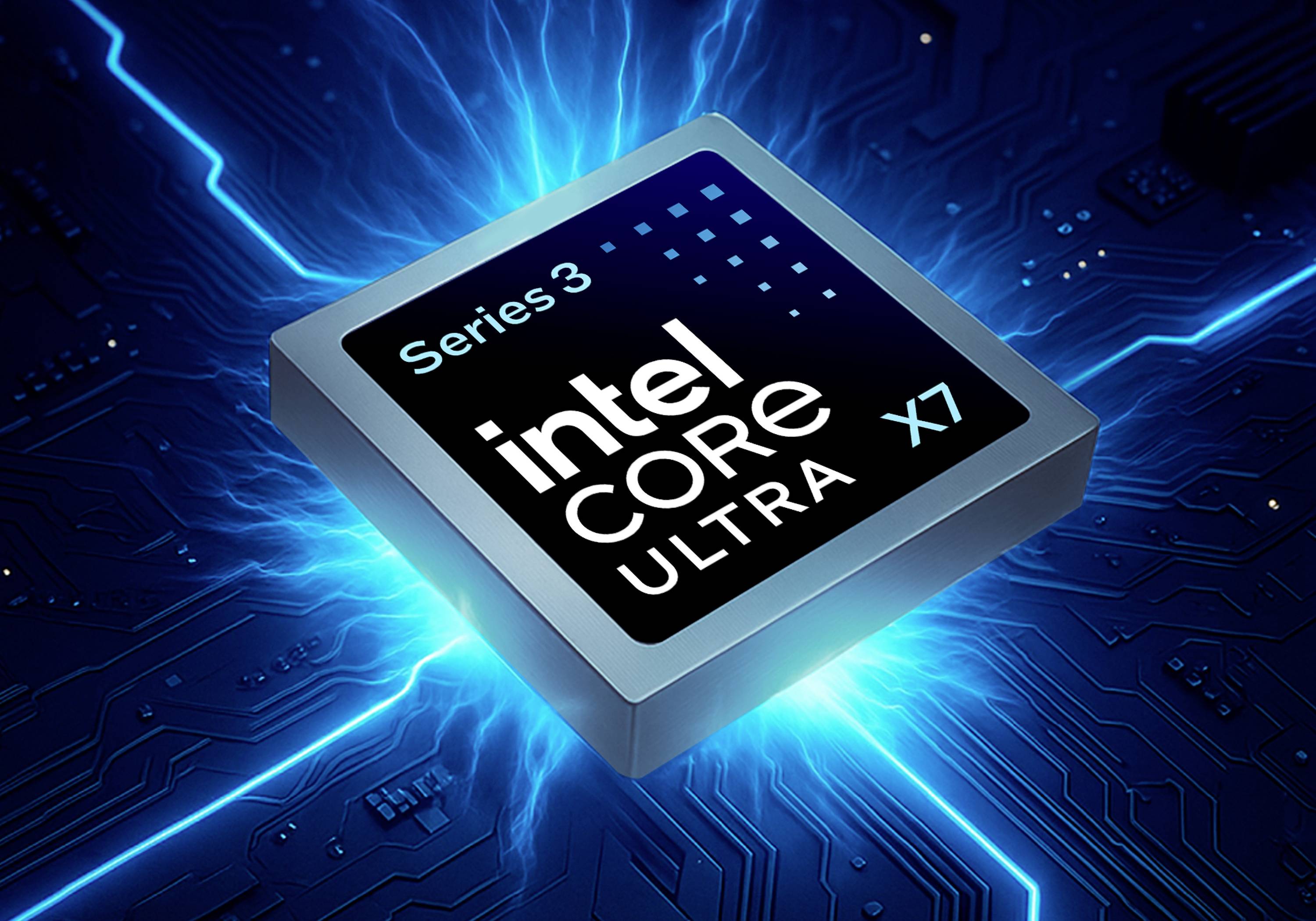 Intel Core Ultra 7 Serie 3 Prozessor-Chip, der über einem leuchtenden blauen Leiterplattenhintergrund schwebt.