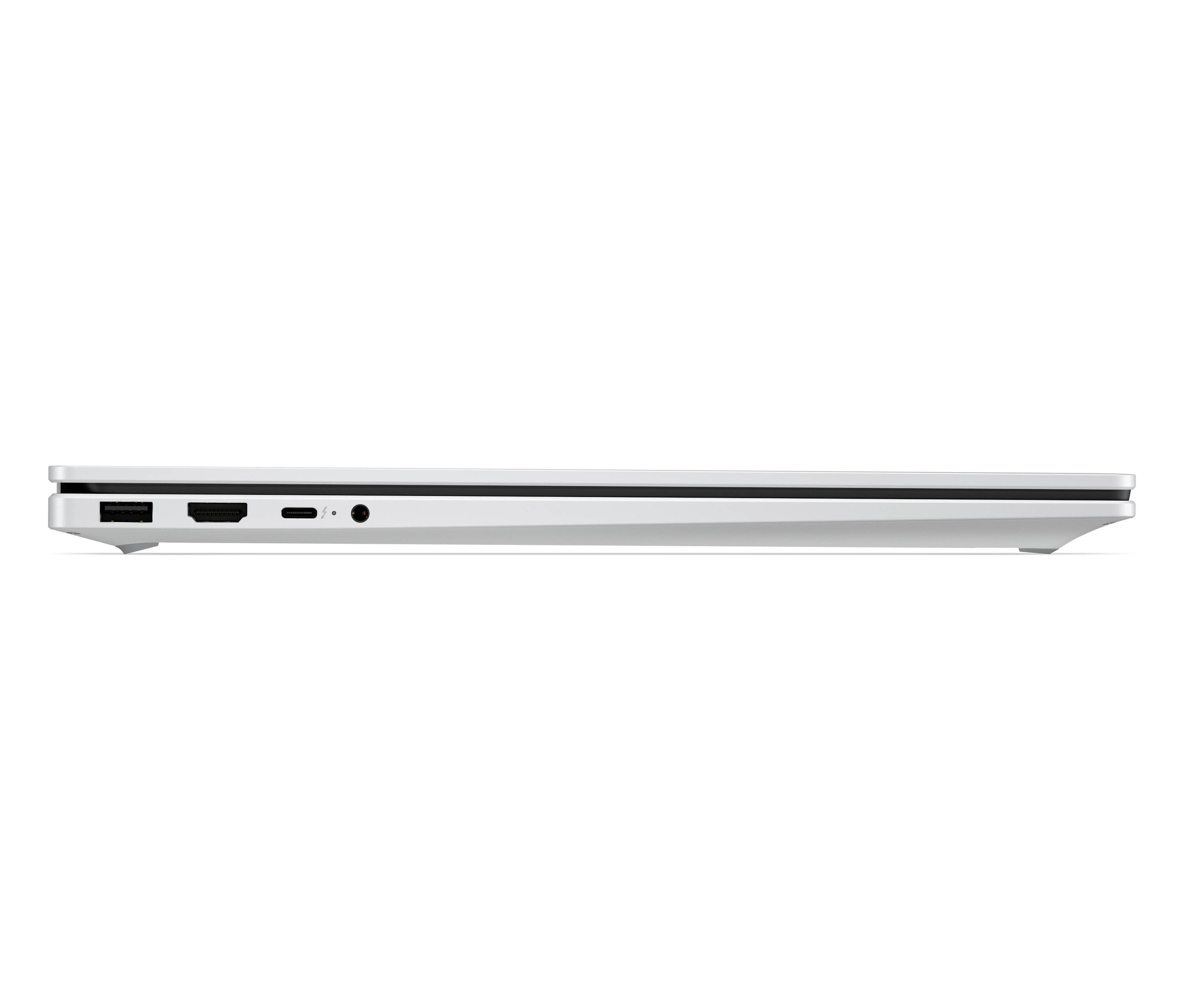 Seitenansicht eines silbernen Laptops, die sein dünnes Profil und die Anschlüsse an der linken Kante zeigt.