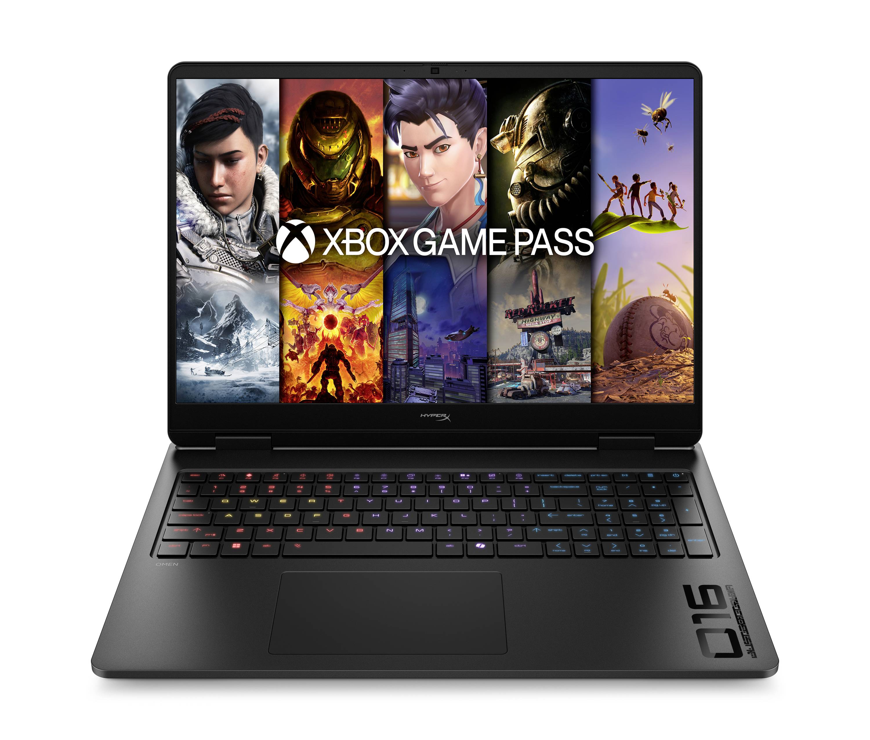 Ein Gaming-Laptop, auf dessen Bildschirm eine Xbox Game Pass-Promotionskollektion mit Spielcharakteren und Szenen angezeigt wird.