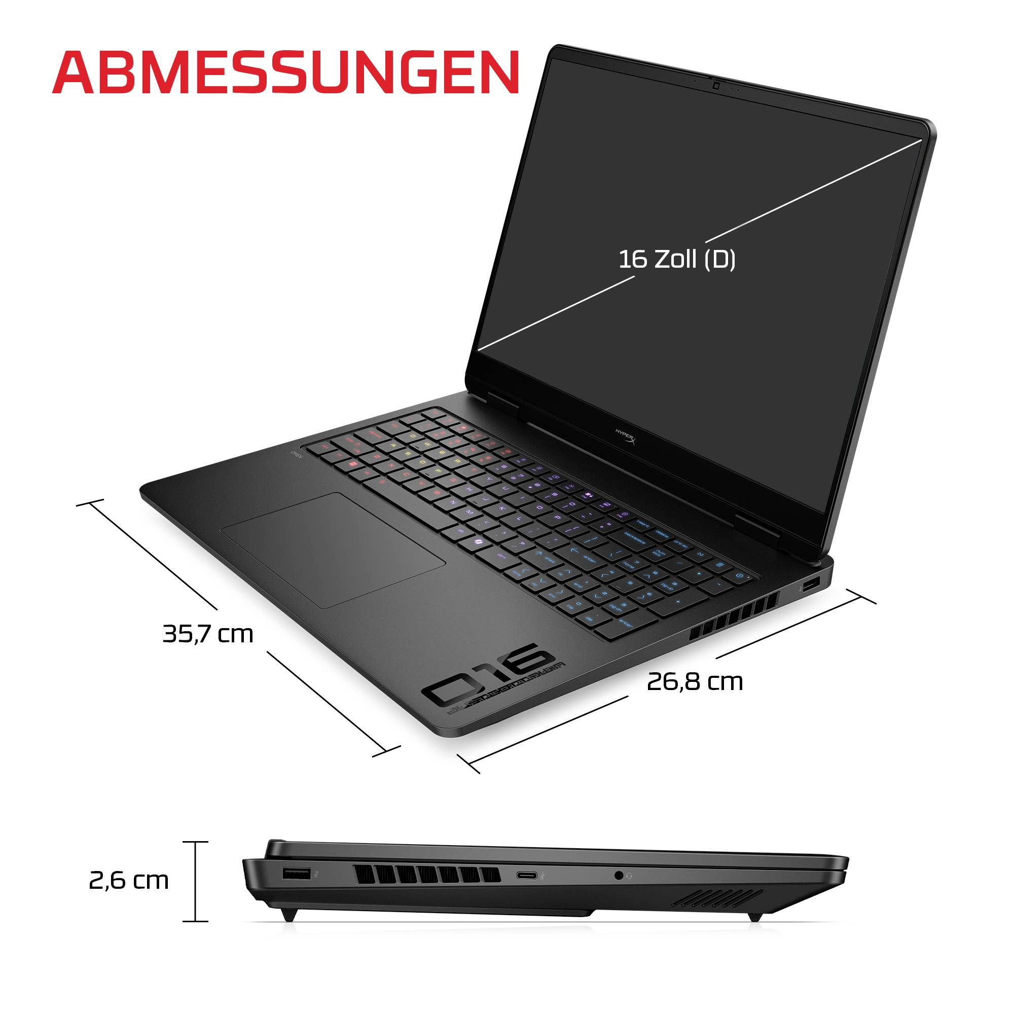 Kommentiertes Bild eines Laptops mit Abmessungen: 16-Zoll-Display, 35,7 cm breit, 26,8 cm tief und 2,6 cm dick.