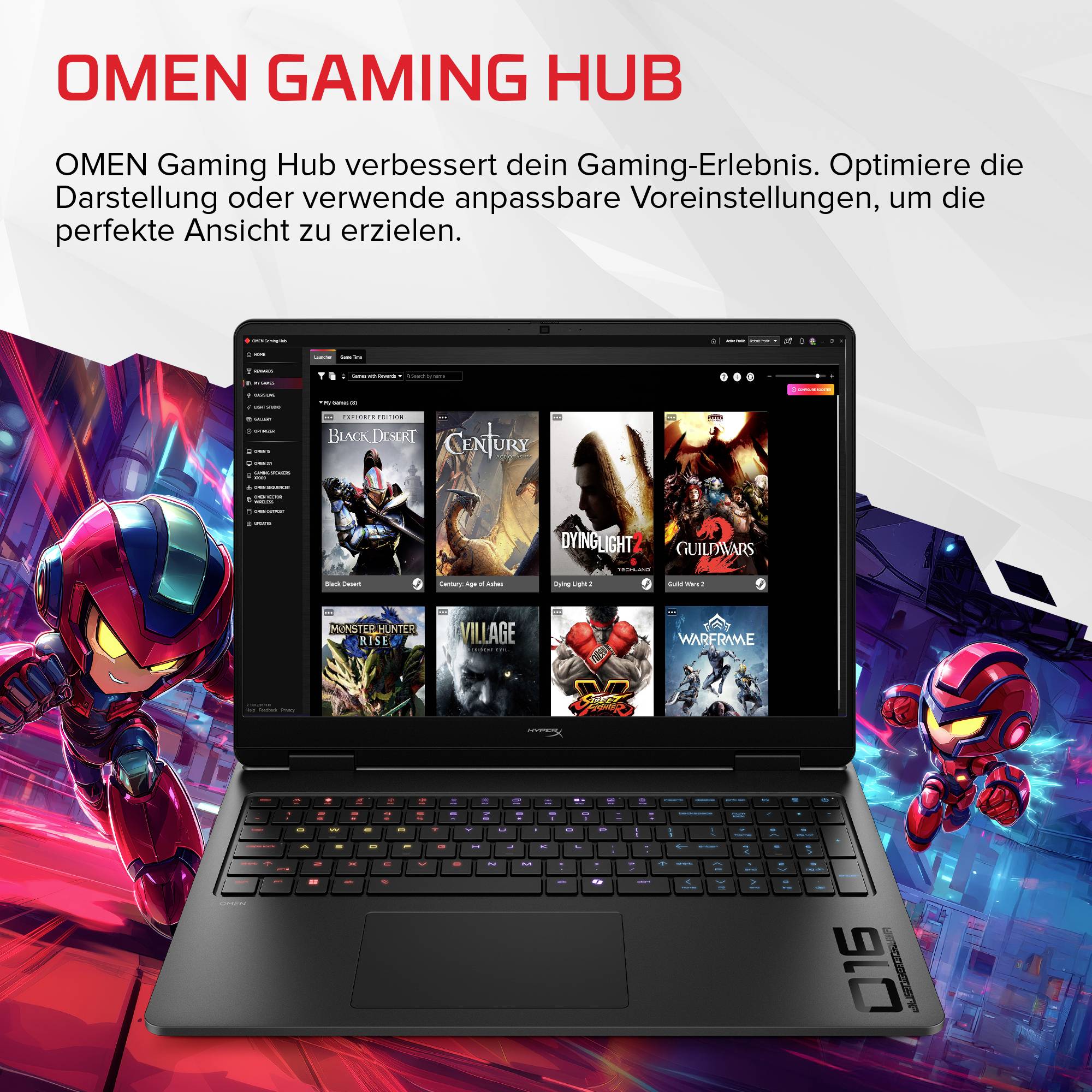 OMEN Gaming Hub Promo mit einem Laptop, auf dem die App geöffnet ist, und deutschem Text über die Optimierung von Gameplay und Anzeigeeinstellungen für die perfekte Ansicht.