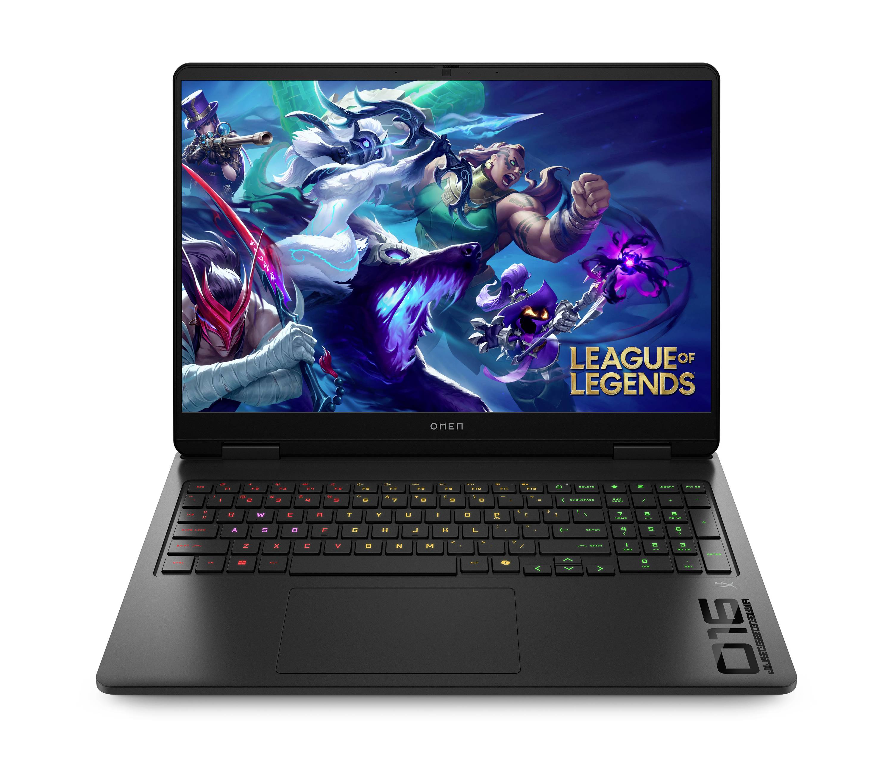 Schwarzer OMEN-Laptop, auf dem League-of-Legends-Spielgrafiken angezeigt werden, mit RGB-beleuchteter Tastatur und großem Touchpad.