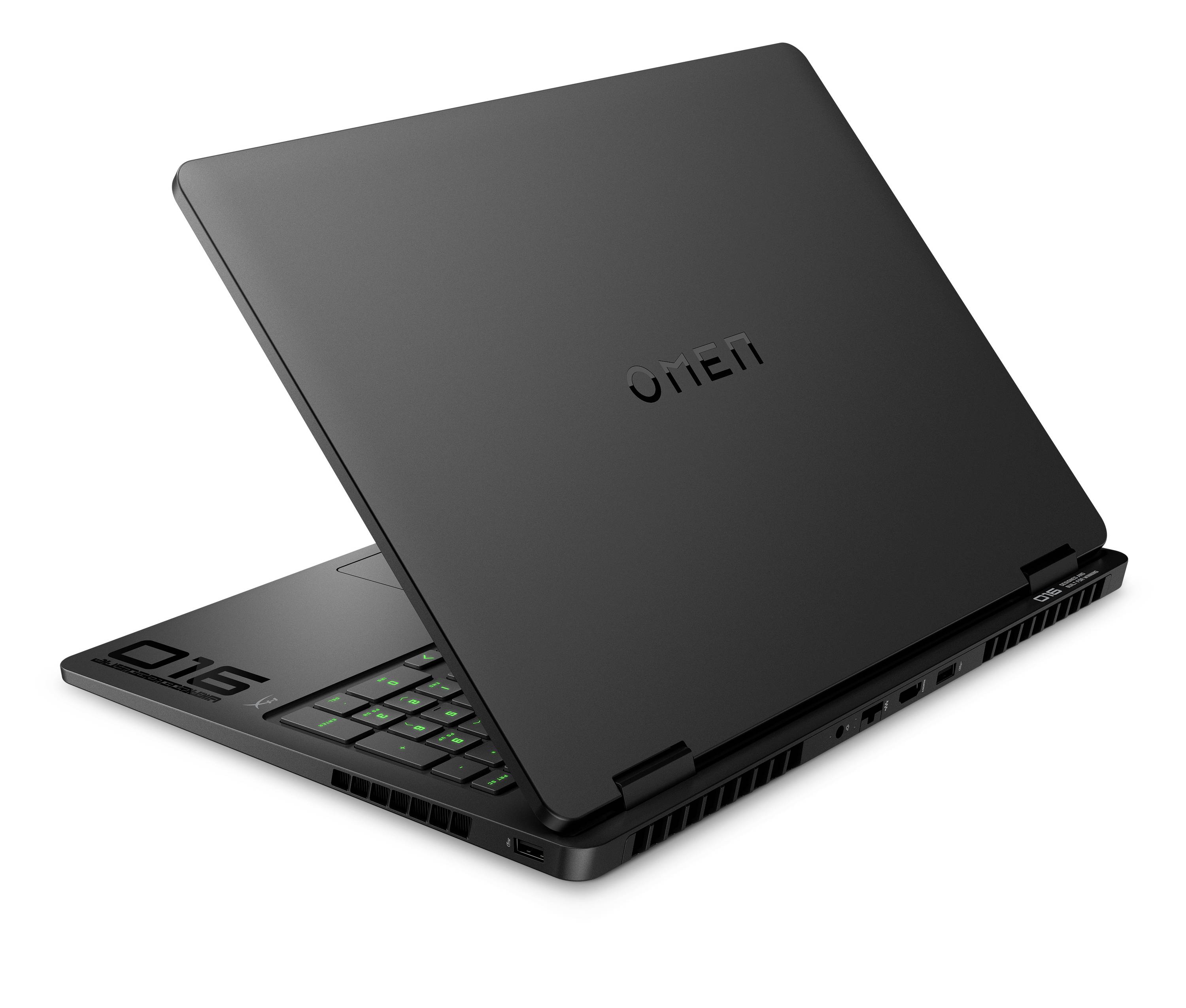 Offener schwarzer OMEN Gaming-Laptop, teilweise geschlossen gezeigt, mit sichtbarer beleuchteter Tastatur.