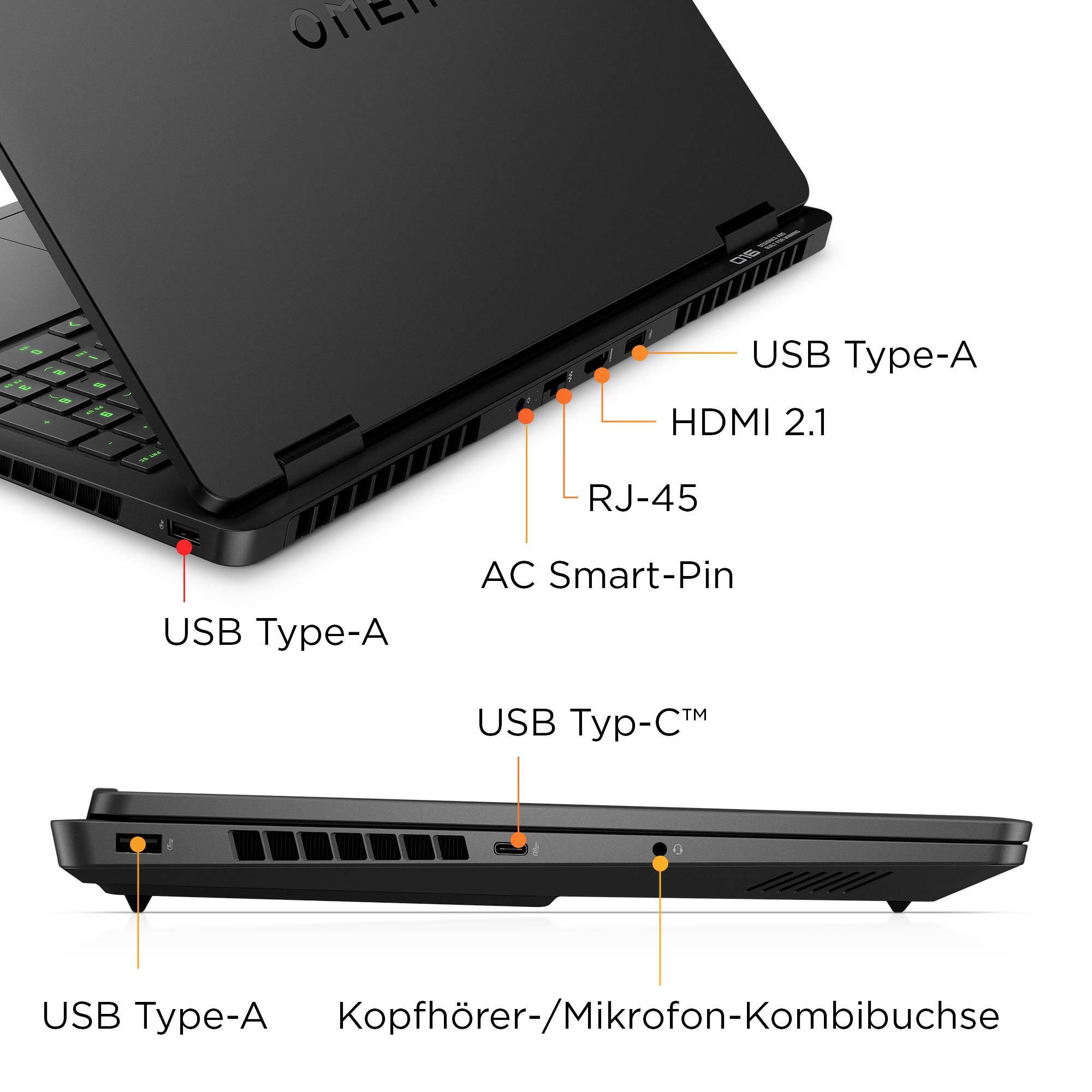 Diagramm der linken und hinteren Anschlüsse eines Laptops mit Beschriftung von USB Typ-A, HDMI 2.1, RJ-45, AC Smart-Pin, USB Typ-C und Kopfhörer-/Mikrofon-Kombibuchse.