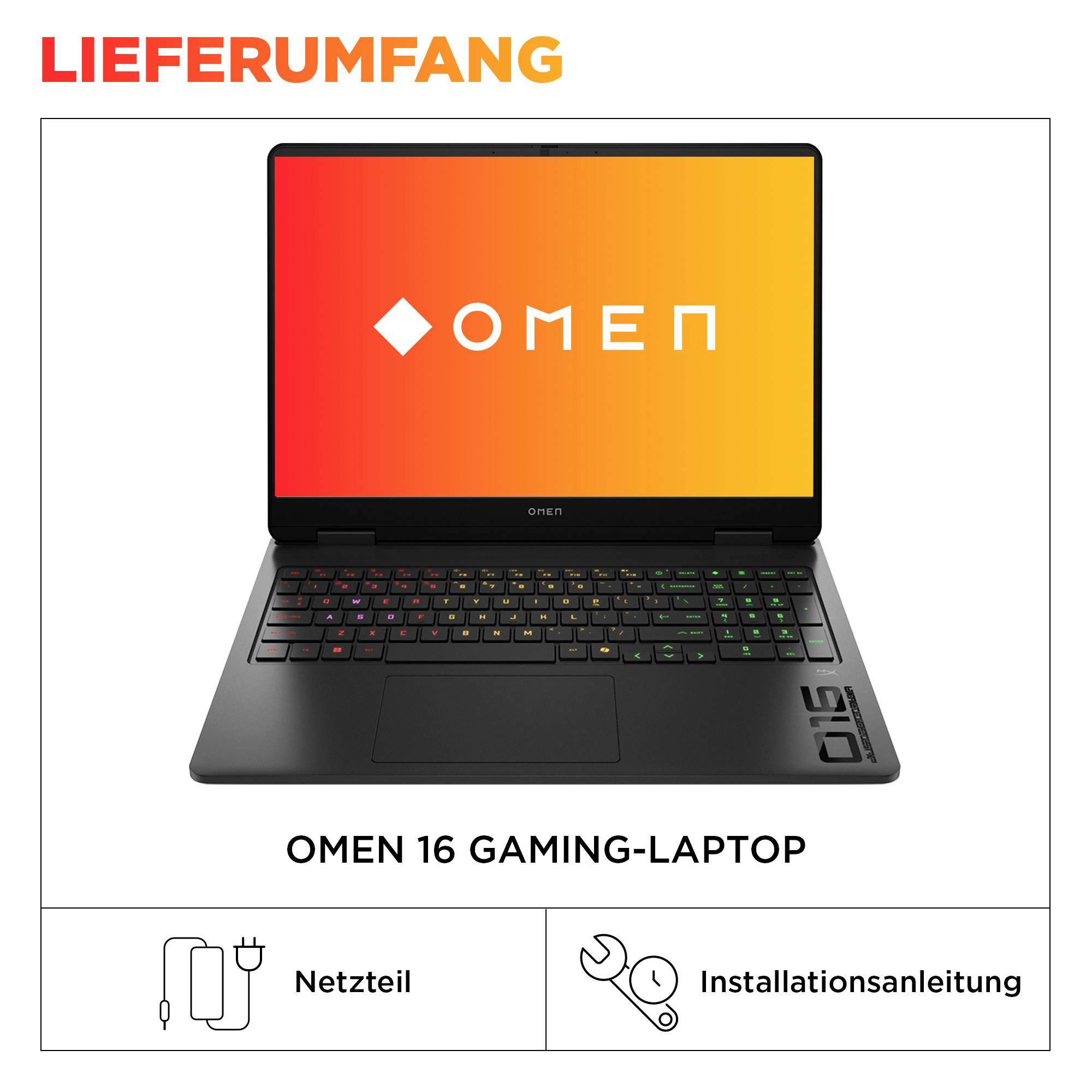 OMEN 16 Gaming-Laptop mit Ladegerät und Installationsanleitung dargestellt, gekennzeichnet mit „OMEN 16 GAMING-LAPTOP" von LIEFERUMFANG.
