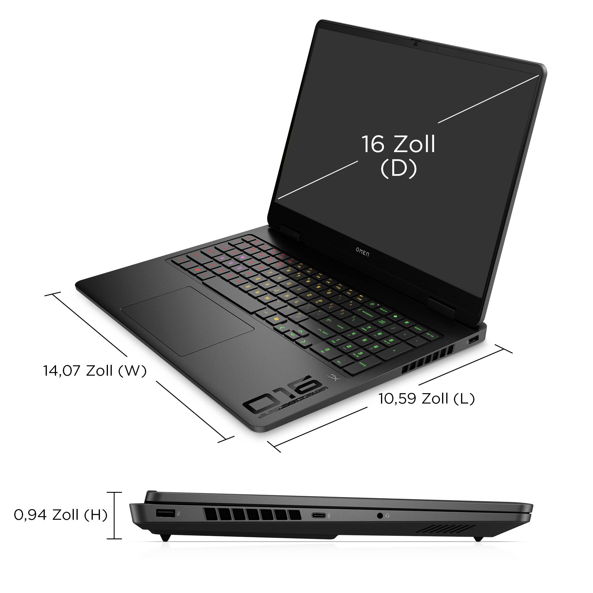Schwarzer Laptop in Perspektive dargestellt mit beschrifteten Abmessungen: 16-Zoll-Display, 14,07 Zoll Breite, 10,59 Zoll Tiefe und 0,94 Zoll Höhe.