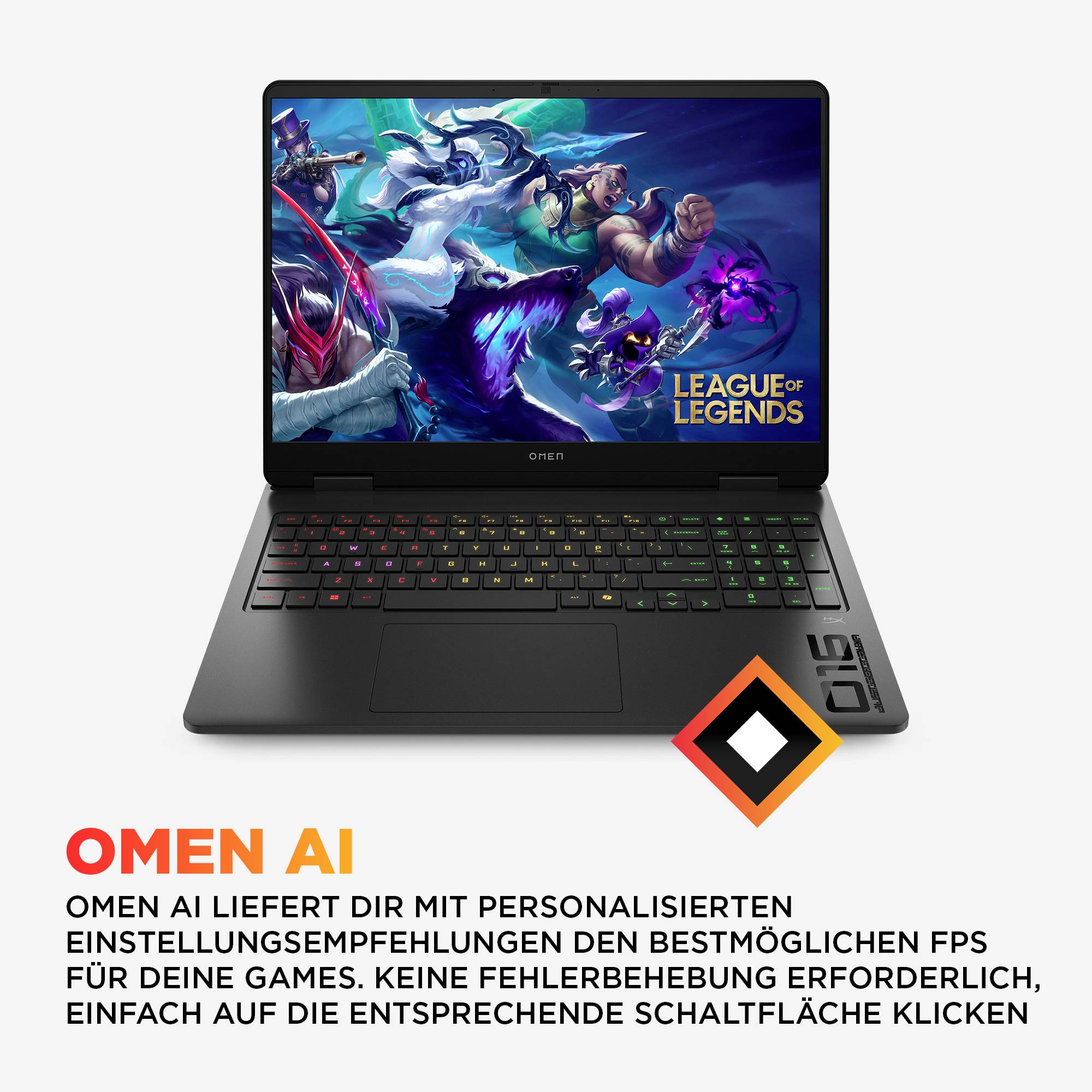 # HP OMEN AI Gaming-Laptop mit League of Legends auf dem Bildschirm und deutschem Text zur Bewerbung personalisierter Einstellungen für optimale FPS mit One-Click-Anpassung.