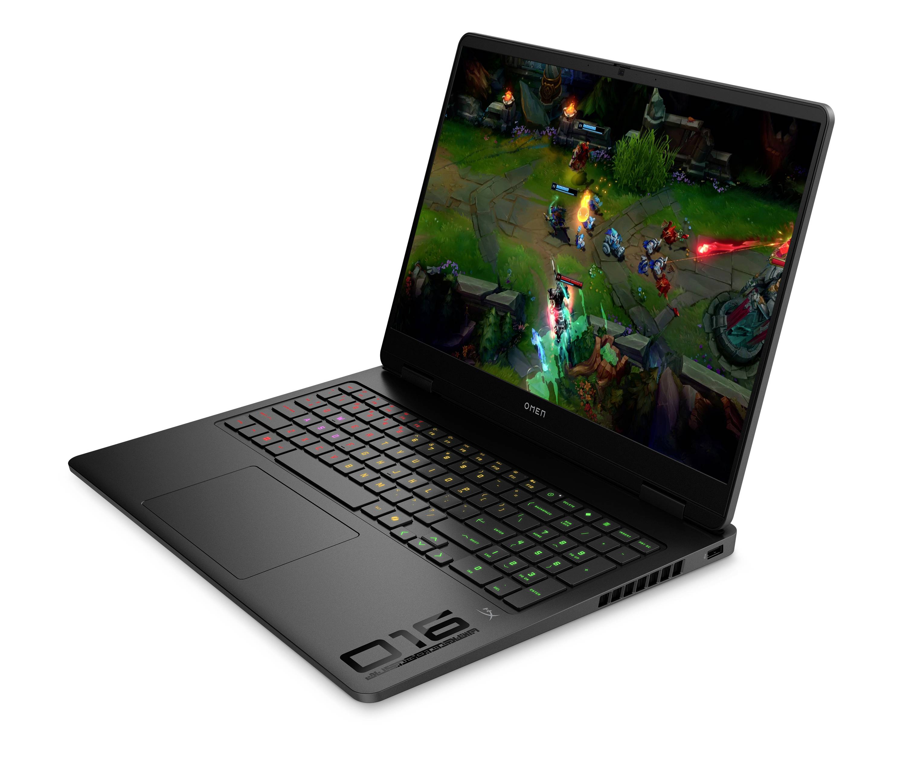Schwarzer Gaming-Laptop mit RGB-Tastatur, der ein MOBA-Spielgefecht auf dem Bildschirm zeigt, von oben betrachtet auf weißem Hintergrund.