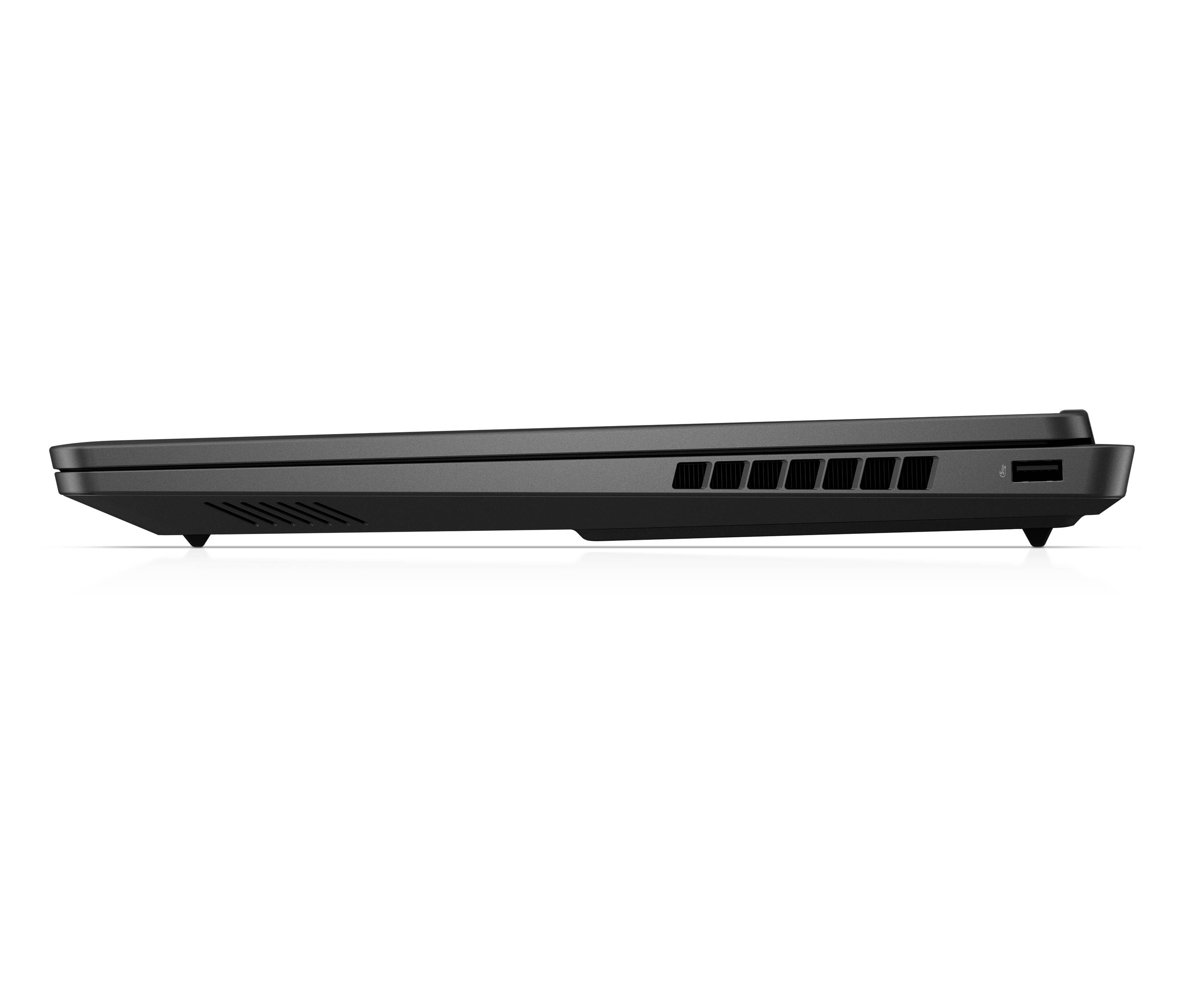 Seitenansicht eines schlanken schwarzen Laptops, die Lüftungsgitter und einen USB-Anschluss auf der rechten Seite zeigt.