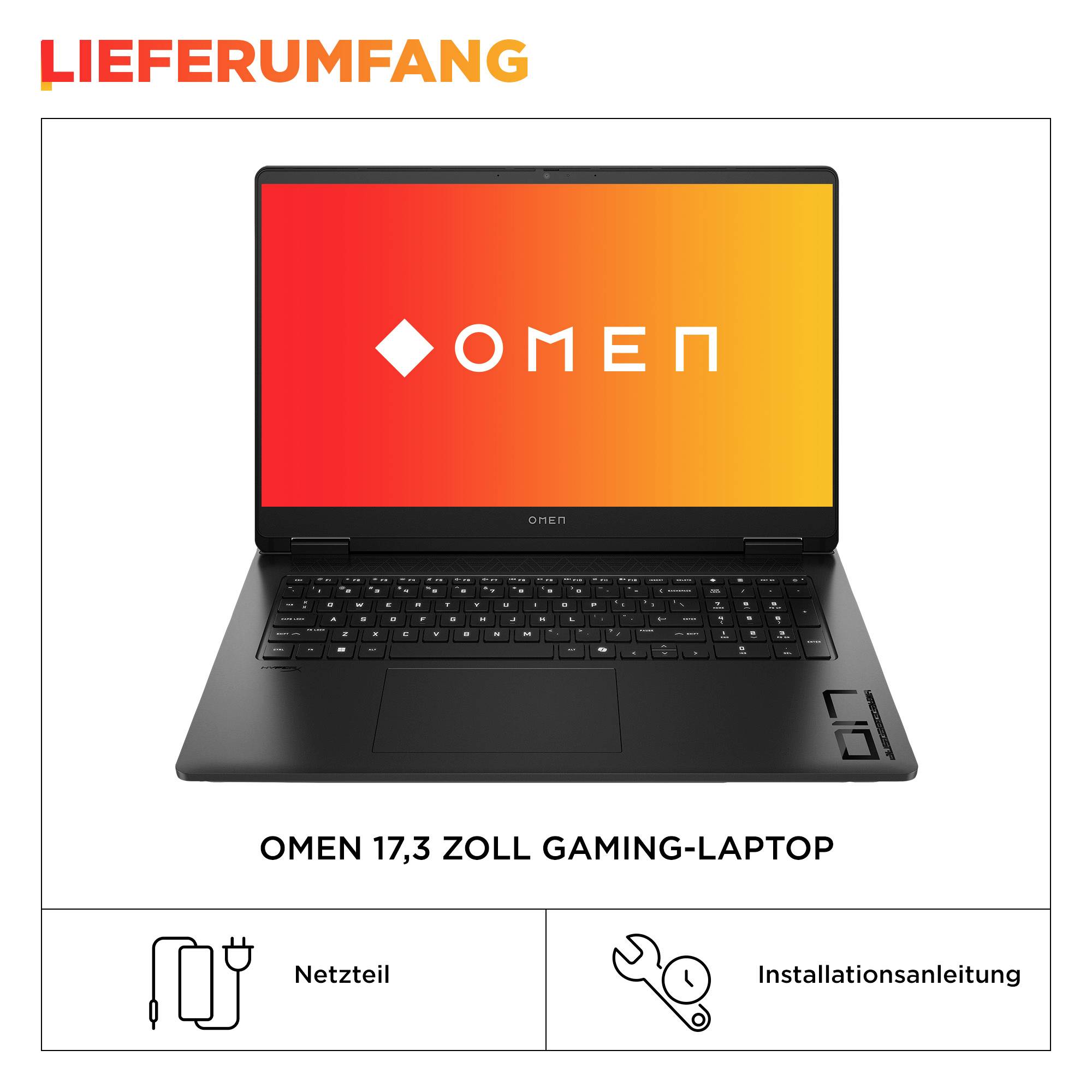 HP OMEN 17,3-Zoll-Gaming-Laptop mit Netzteil und Installationsanleitung im Lieferumfang enthalten.