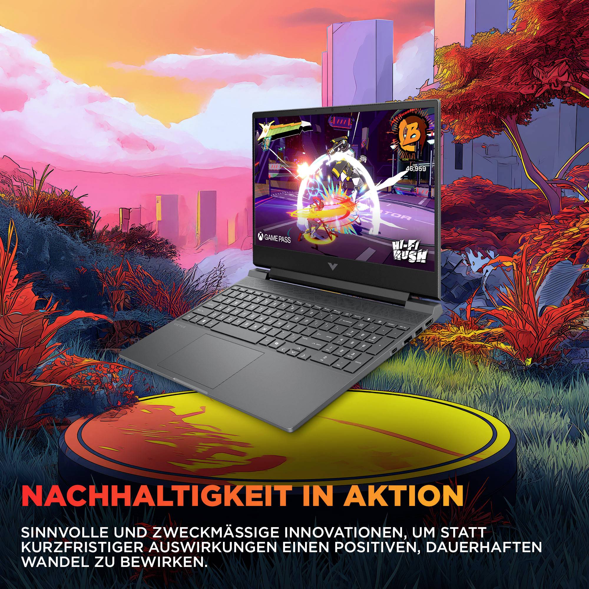 Laptop auf einer kreisförmigen Plattform in einer farbenfrohen futuristischen Landschaft, mit deutschem Text über Nachhaltigkeit in Aktion und zielgerichtete Innovation für dauerhaften positiven Wandel.