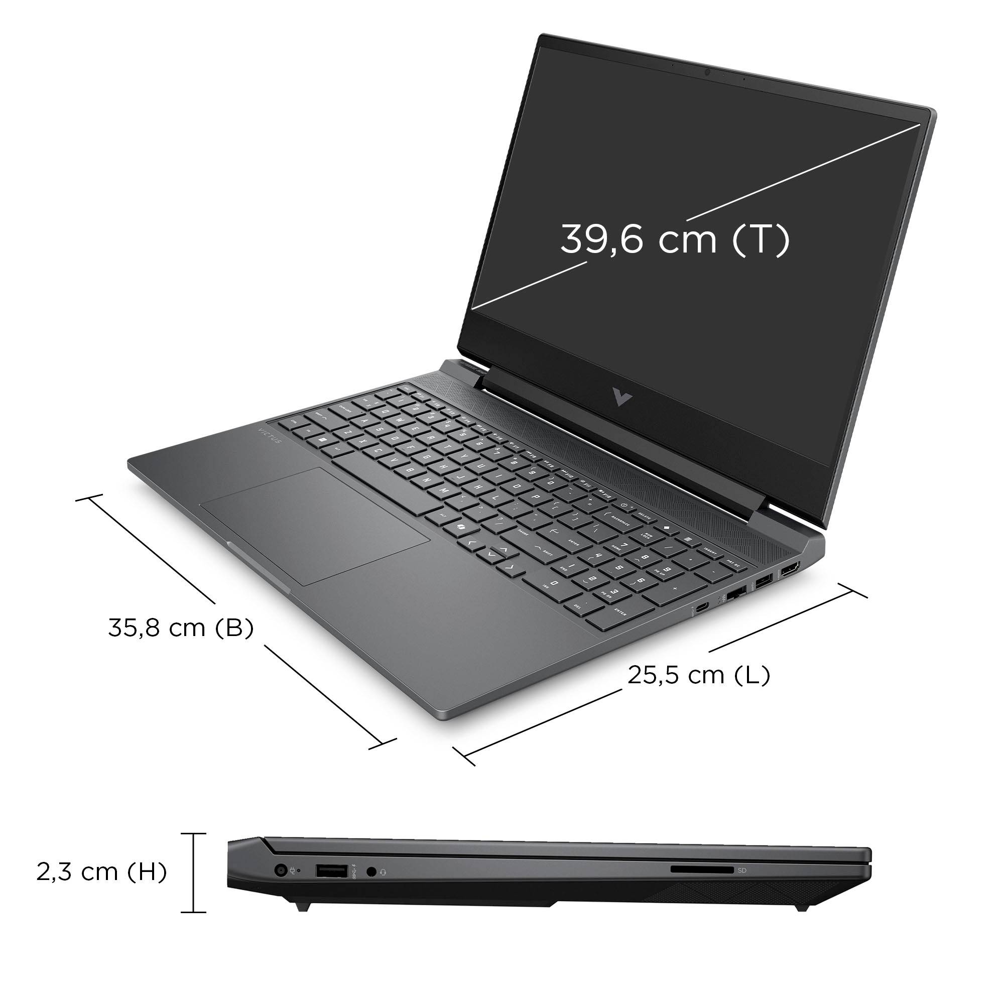 Schwarzer Laptop mit Größenangaben: 39,6 cm Display, 35,8 cm breit, 25,5 cm tief und 2,3 cm hoch.