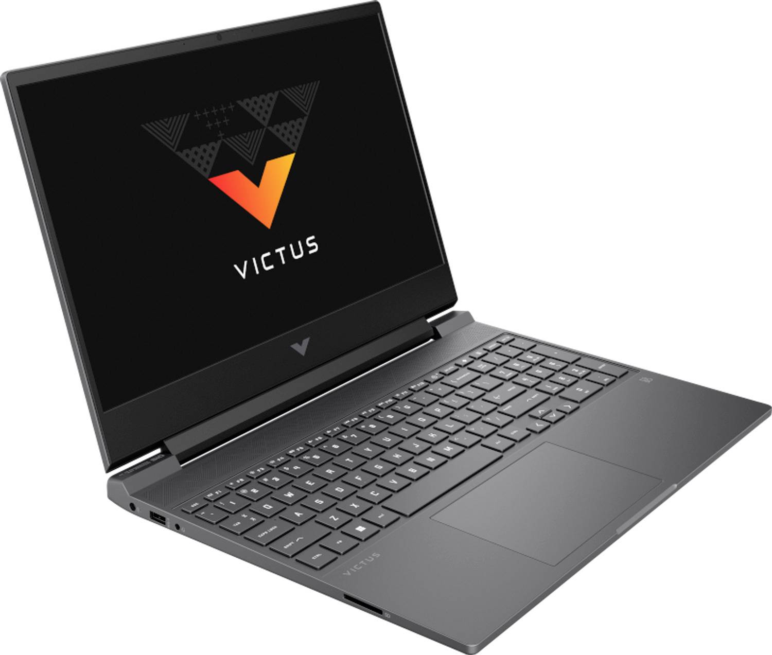 Schwarzer HP Victus Laptop, geöffnet in einem Winkel dargestellt, mit Tastatur, Trackpad und Victus-Logo auf dem Bildschirm.