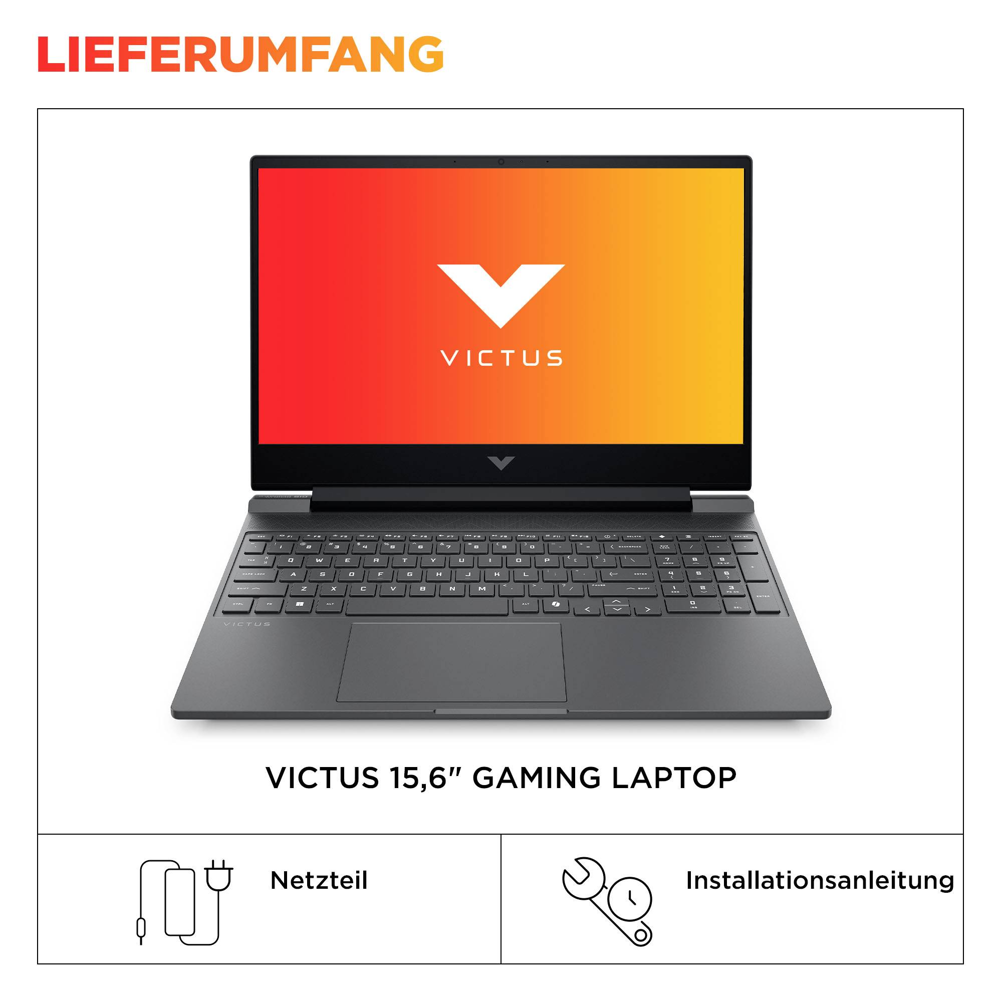 Verpackungsinhalt für Victus 15,6-Zoll-Gaming-Laptop: Netzteil und Installationsanleitung enthalten.