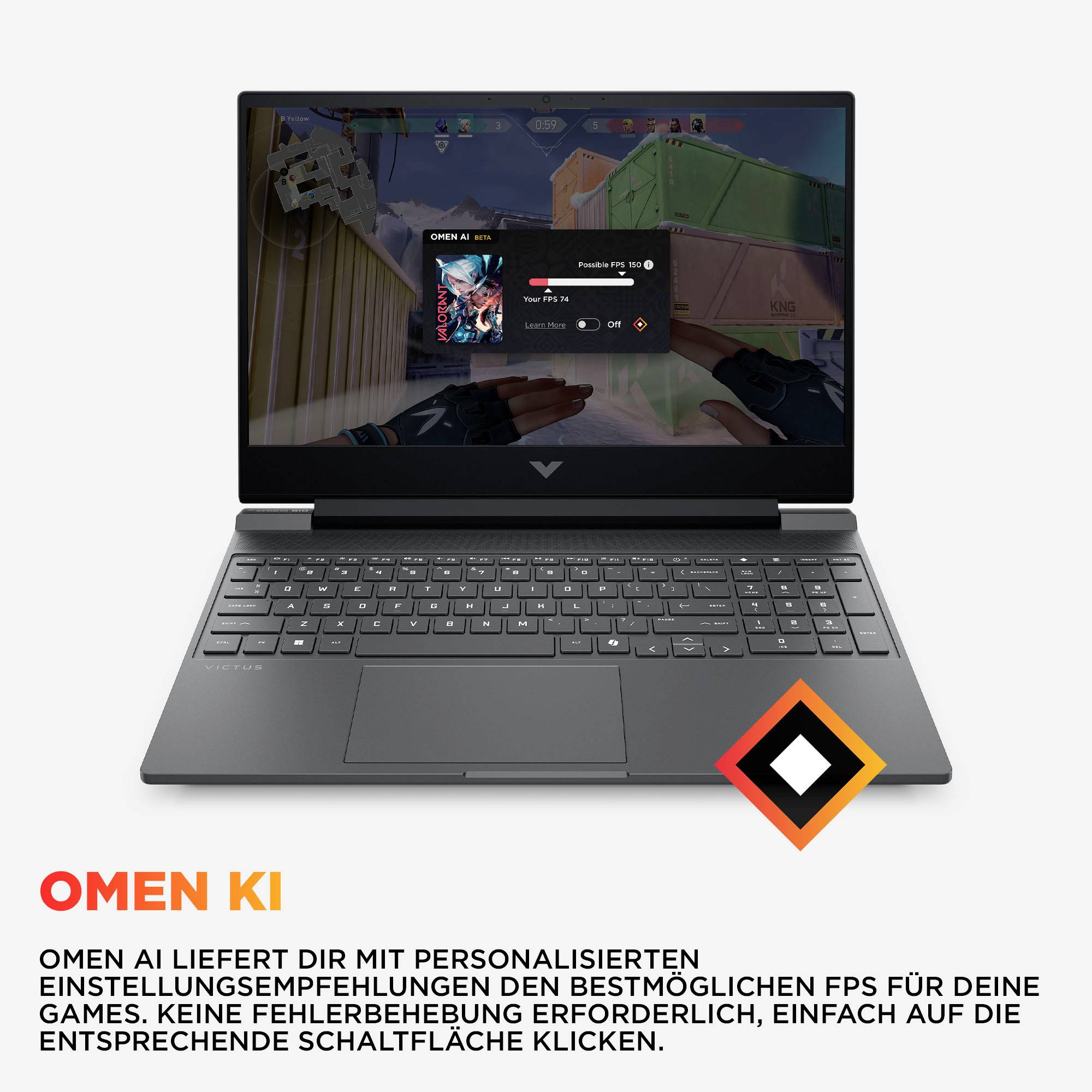 HP OMEN Laptop zeigt ein Spiel-Einstellungs-Overlay für personalisierte FPS-Optimierung, mit „OMEN KI"-Text und deutschem Werbeslogan darunter.