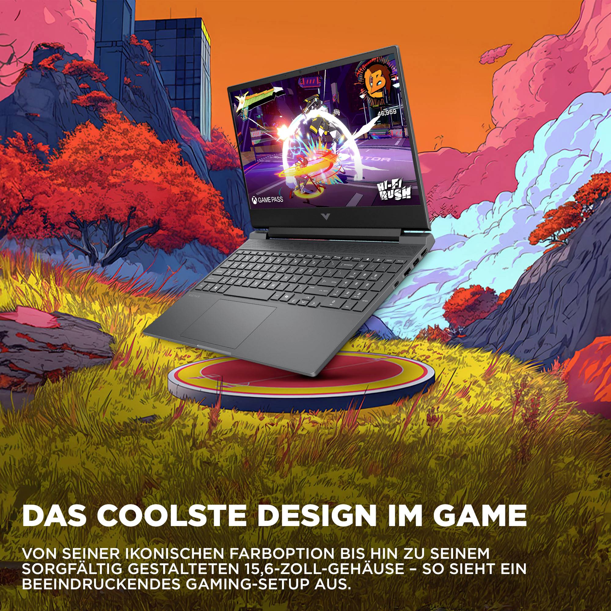 Gaming-Laptop auf einer farbenfrohen Plattform in einer lebendigen Landschaft, mit deutschem Text, der „das coolste Design im Gaming" bewirbt, und einem sorgfältig gestalteten 15,6-Zoll-Gehäuse.