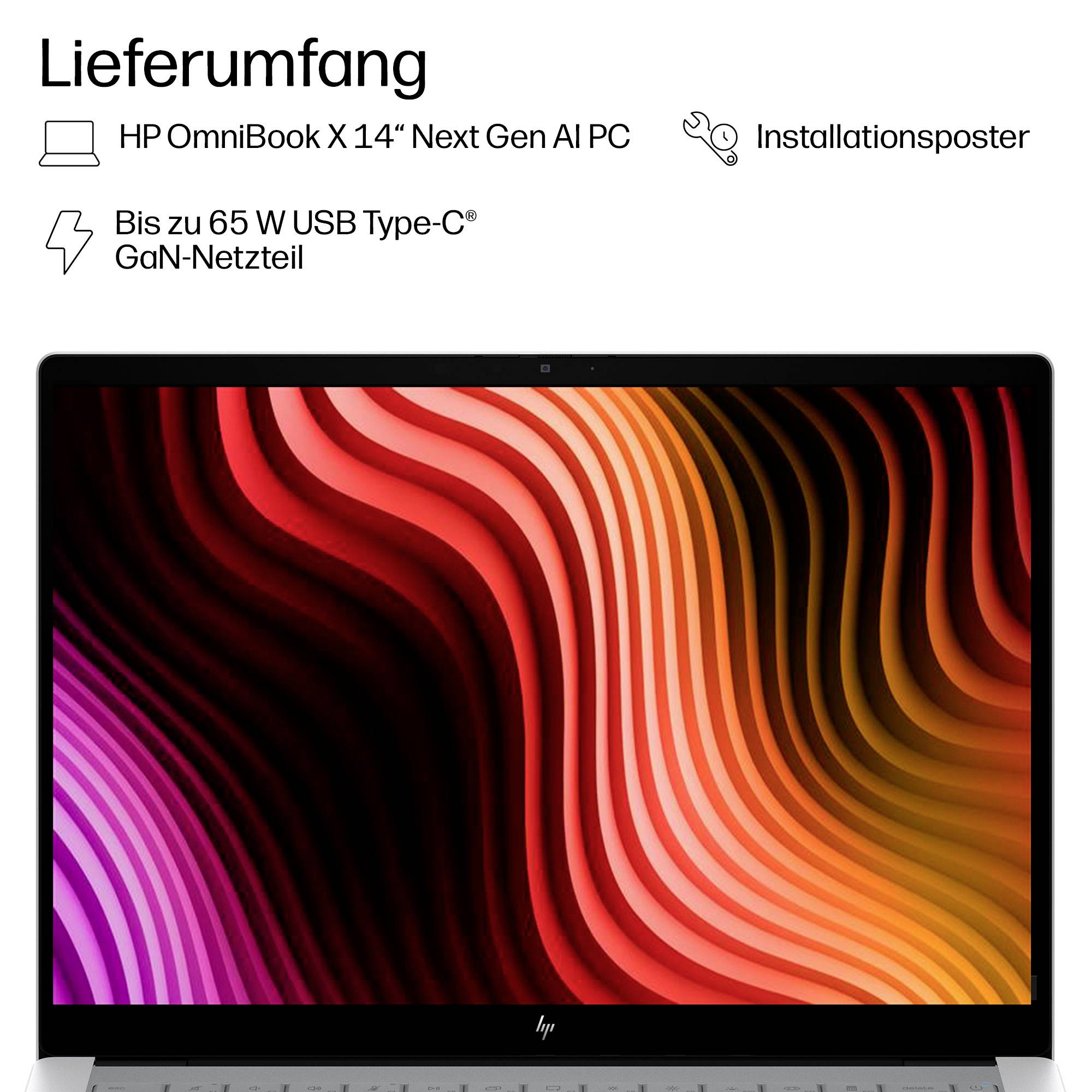 HP OmniBook X 14 Next Gen AI PC Paketinhalt: Laptop, Installationsplakat und bis zu 65 W USB-C GaN Netzteil.