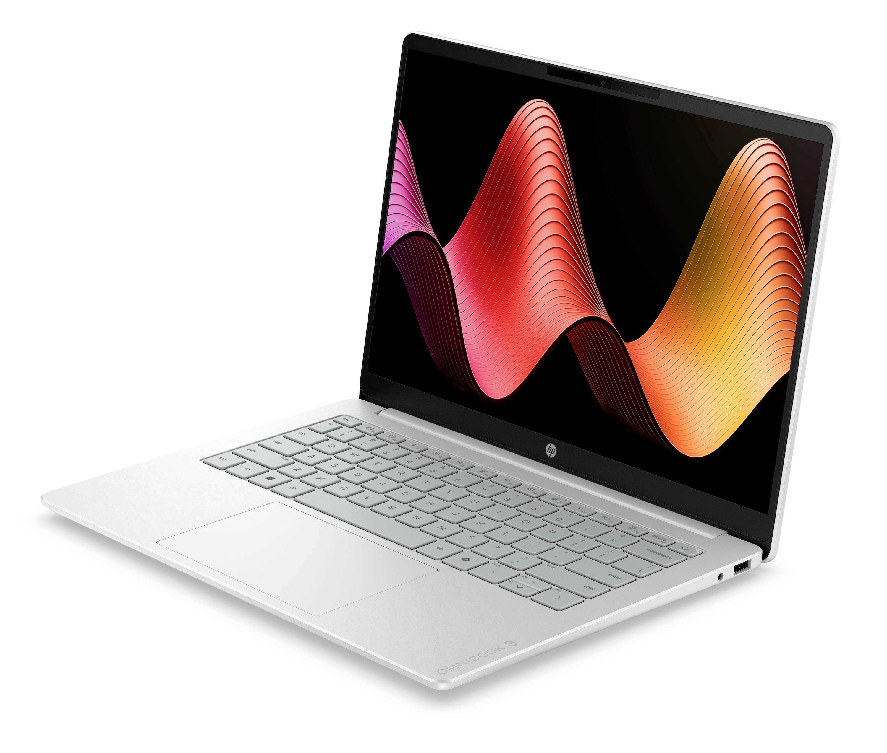 Silberner Laptop in einem Winkel geöffnet, zeigt eine farbenfrohe Wellengrafik auf dem Bildschirm vor weißem Hintergrund.