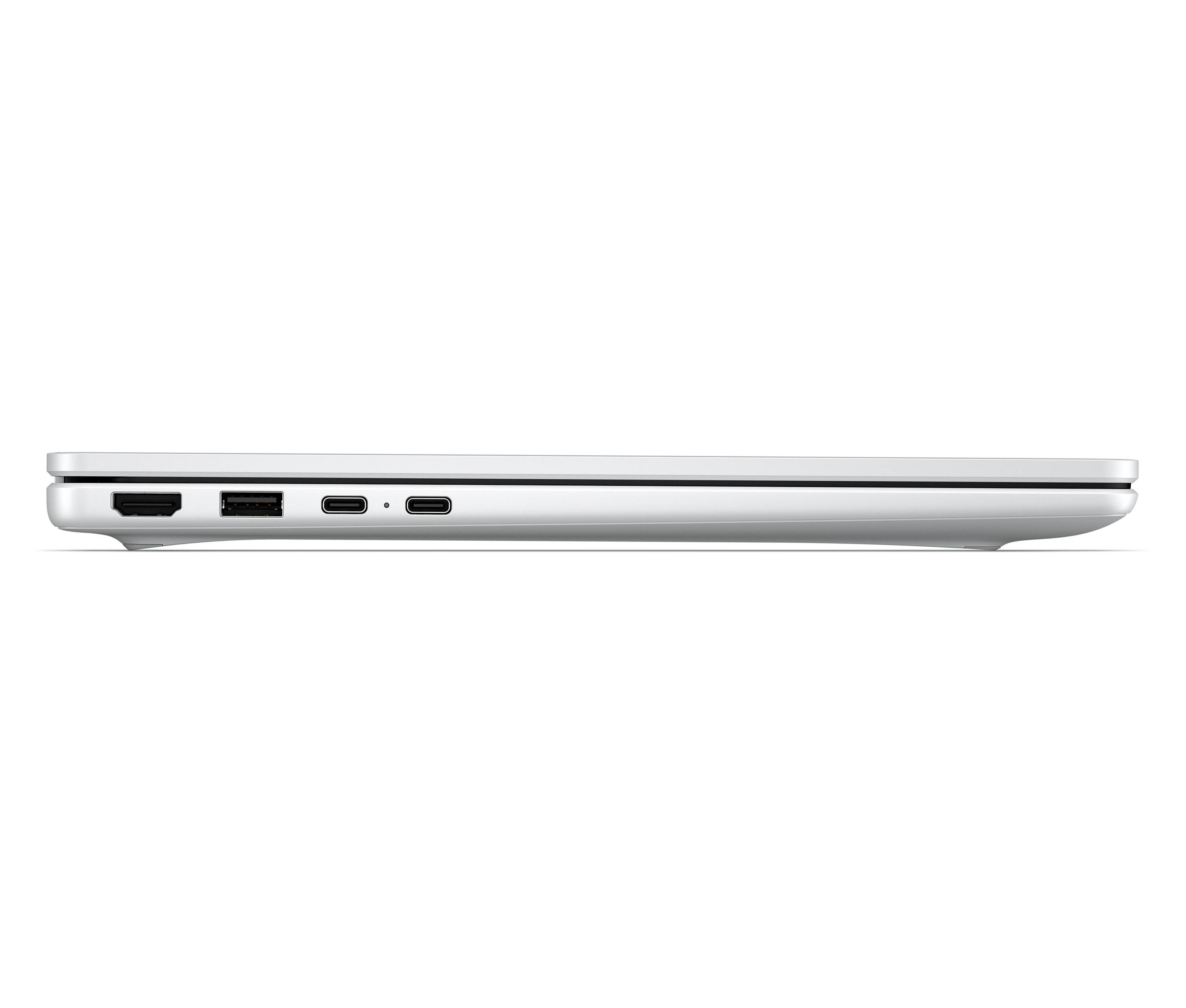 Seitenansicht eines schlanken silbernen Laptops, das seine linke Kante zeigt, mit Anschlüssen für Stromversorgung, USB und zwei USB-C-Verbindungen.