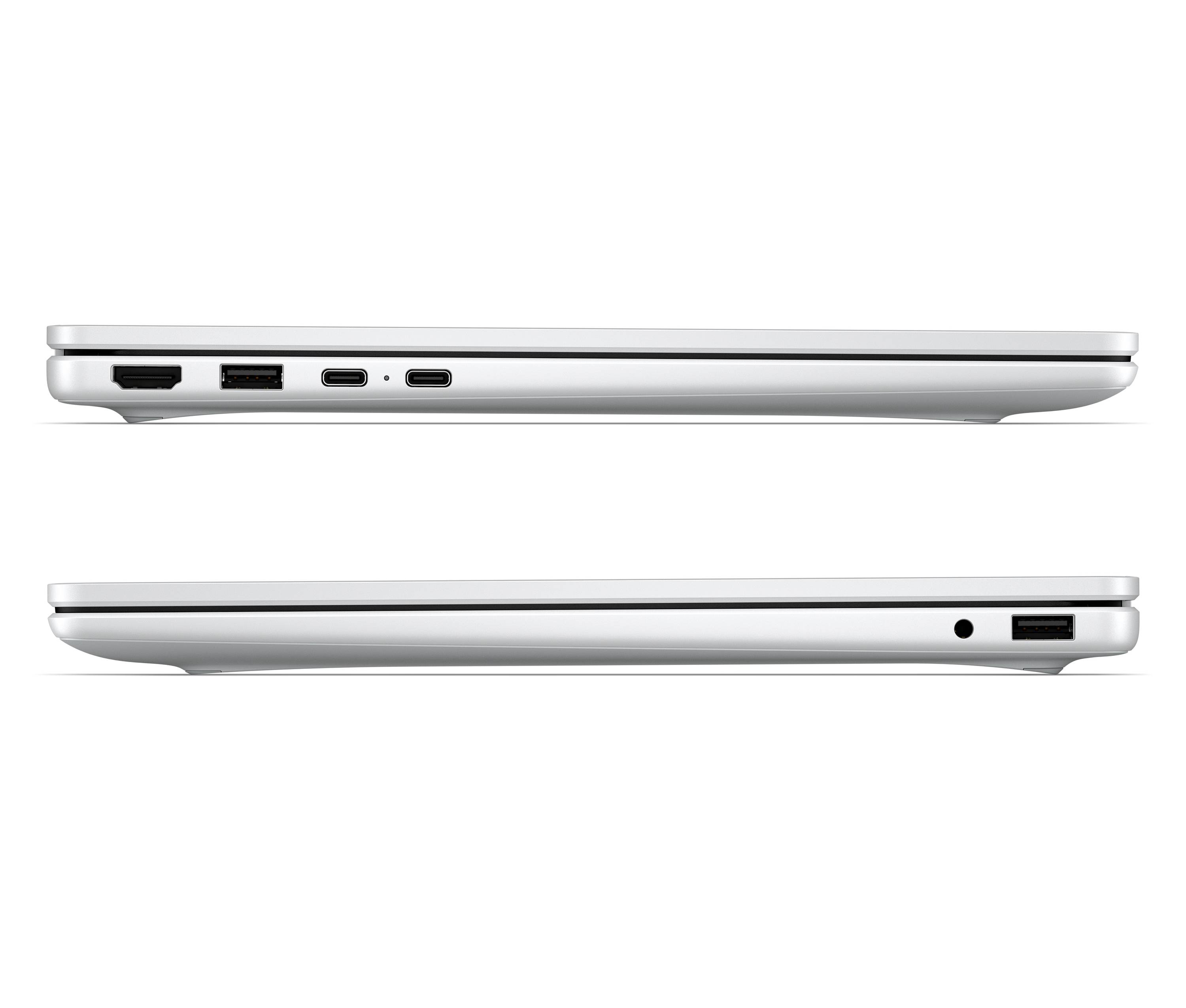 Seitenansichten eines silbernen Laptops, die linke und rechte Anschlüsse zeigen, einschließlich USB-, HDMI- und Audioverbindungen.