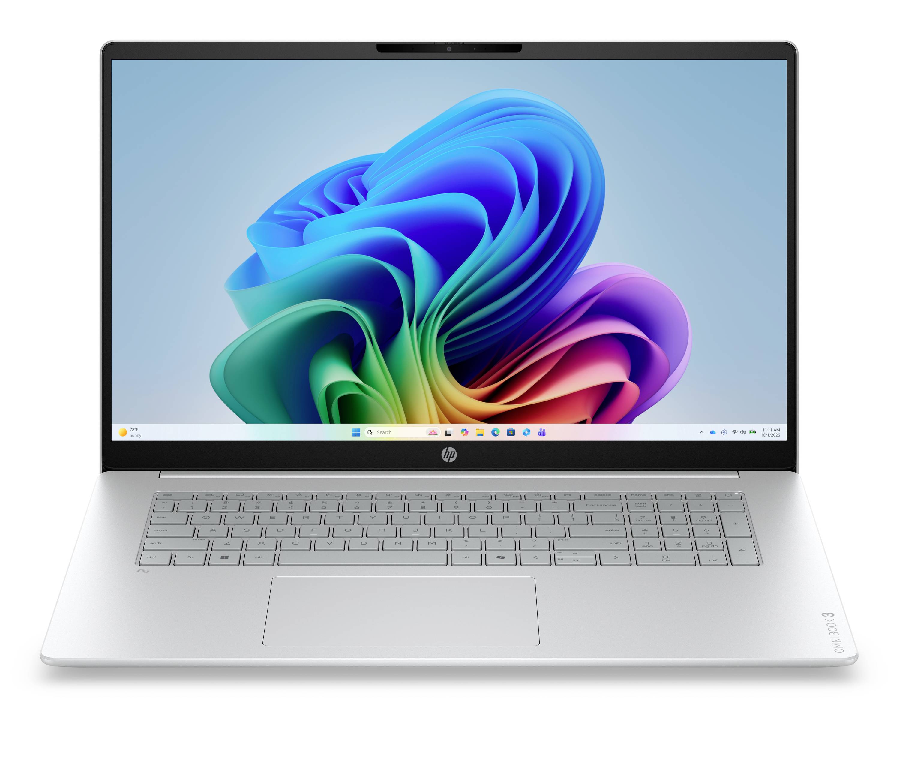 Silber-Laptop von HP, das den Windows-11-Desktop mit einem farbenfrohen abstrakten Wirbel-Hintergrund zeigt.