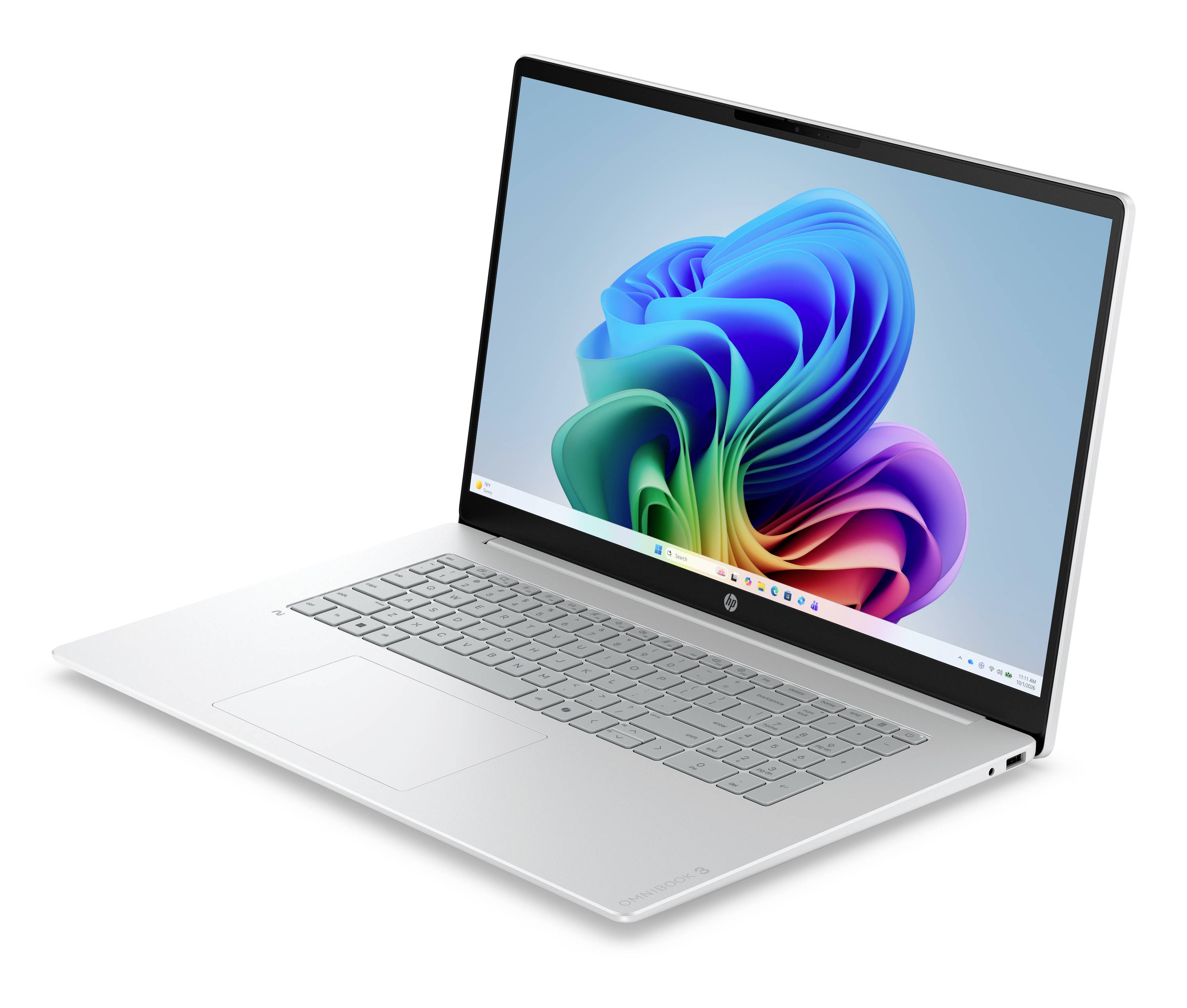 Silberner Laptop in einem Winkel geöffnet, zeigt eine Windows-artige bunte abstrakte Tapete auf dem Bildschirm.