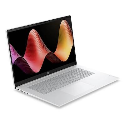 Silberner Laptop in einem Winkel geöffnet, zeigt eine farbenfrohe abstrakte Welle auf dem Bildschirm vor weißem Hintergrund.