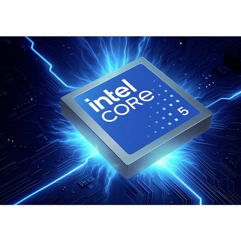 Intel Core i5 Prozessor-Chip leuchtet blau auf circuit board Hintergrund