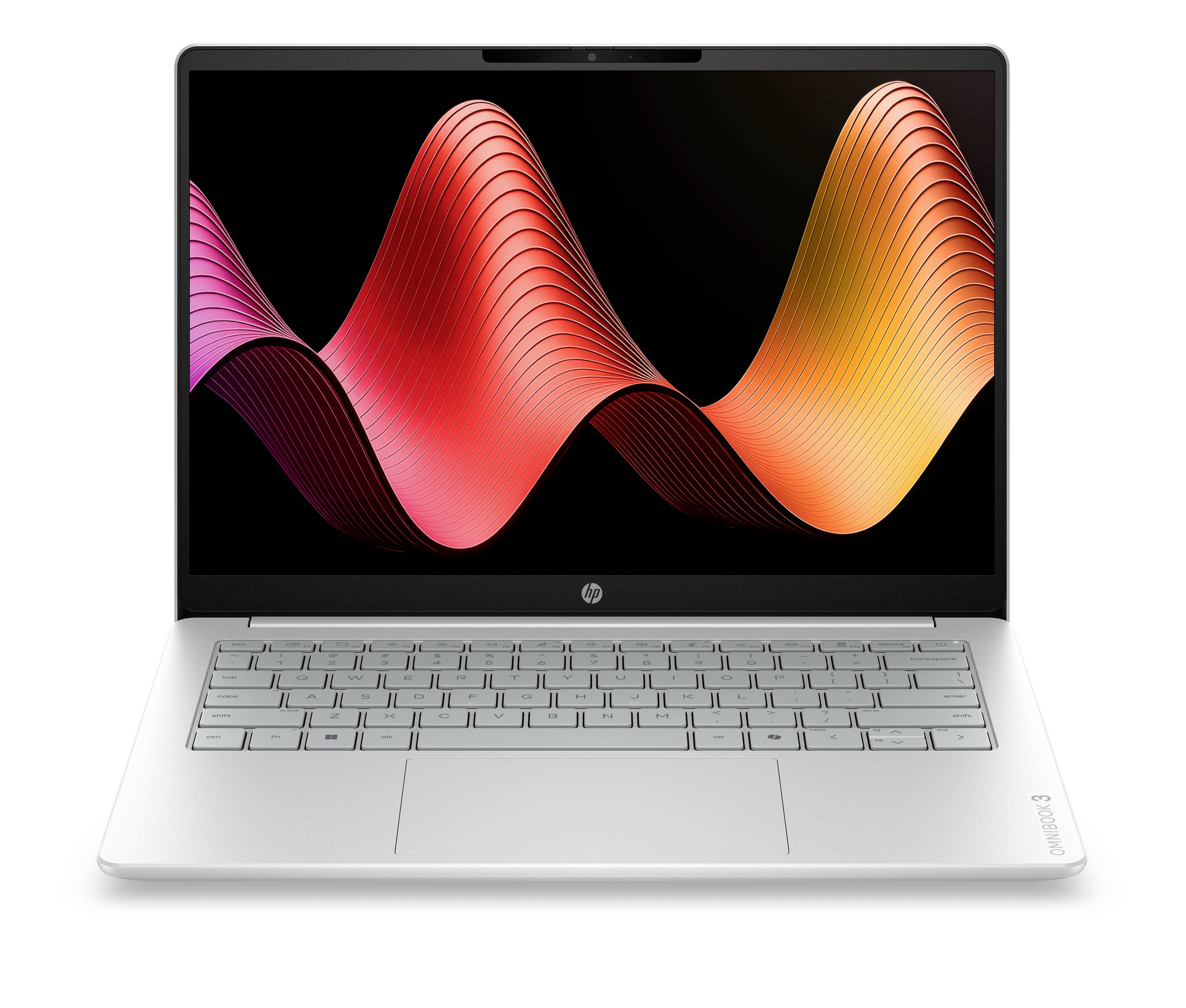 Silberner Laptop offen auf weißem Hintergrund mit buntem abstraktem Wellentapete auf dem Bildschirm.