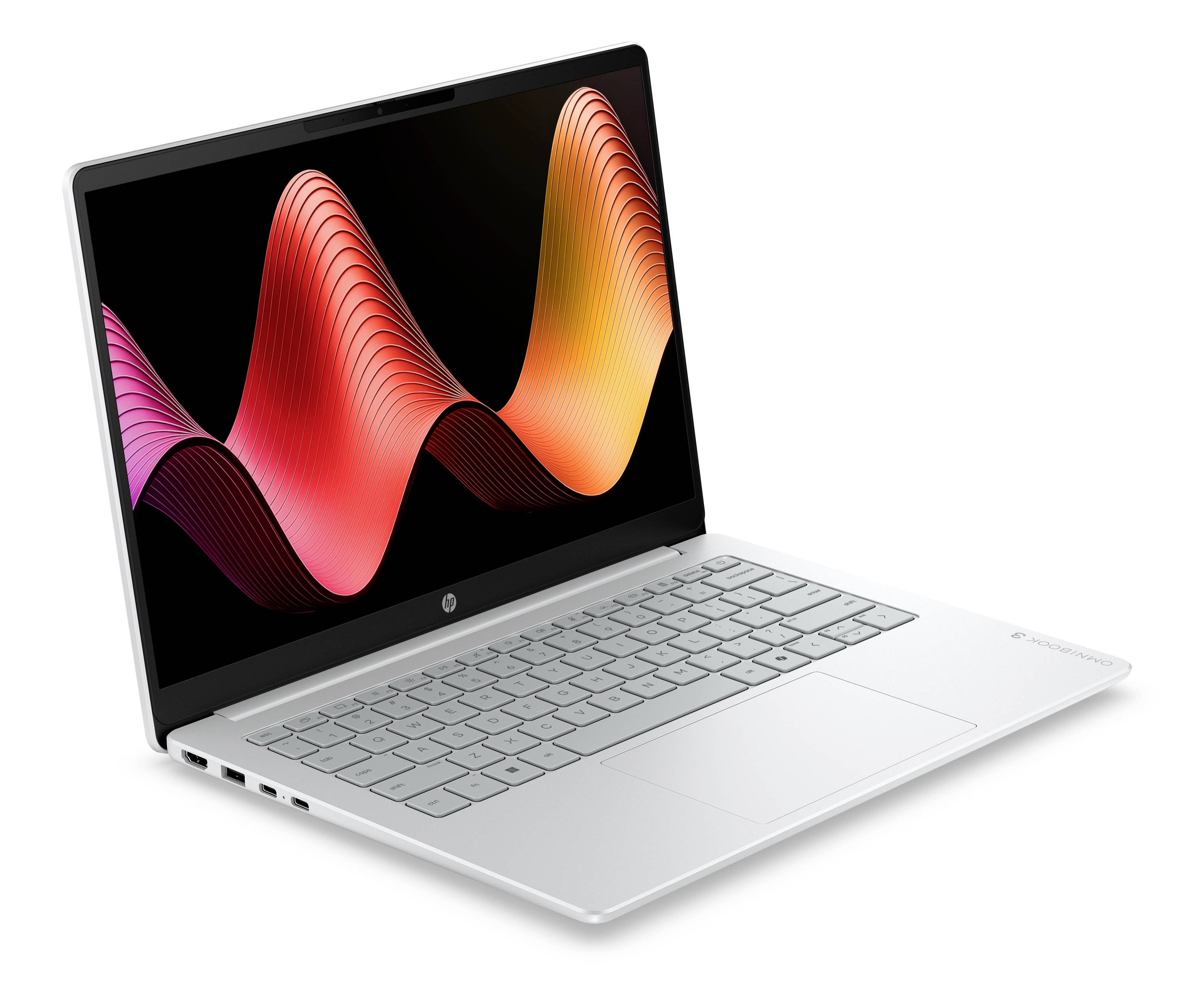 Silberner Laptop-Computer, der geöffnet gezeigt wird, mit einem schwarzen Bildschirm, auf dem eine farbenfrohe abstrakte Wellengrafik angezeigt wird.
