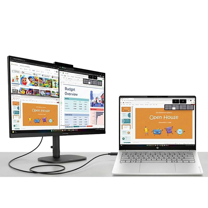 Laptop, der mit einem externen Monitor verbunden ist und mehrere offene Präsentations- und Tabellenkalkulationsfenster anzeigt, einschließlich "Open House"-Folien und eines "Budget Overview"-Dokuments.