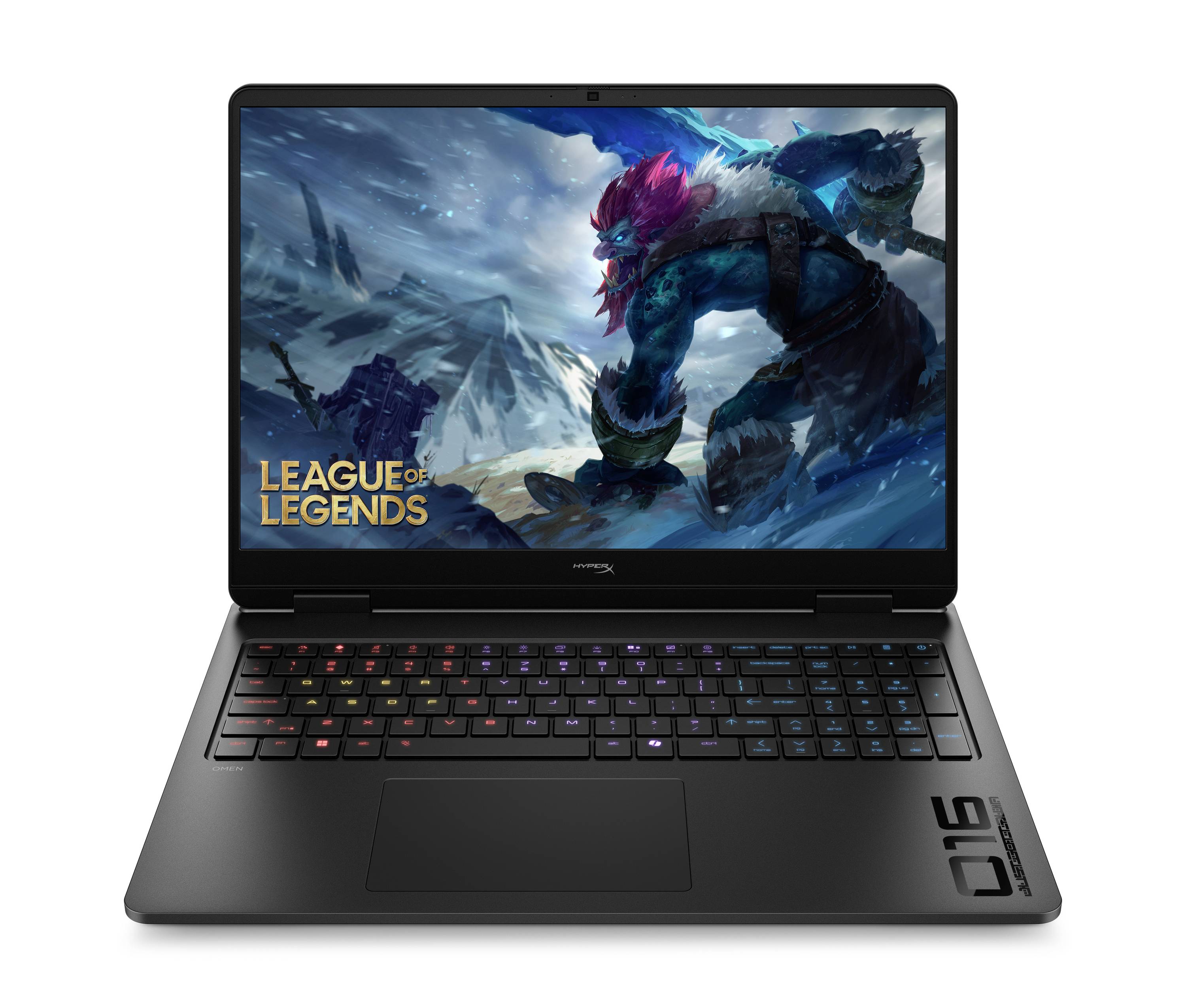 Schwarzer Gaming-Laptop, der einen League-of-Legends-Splash-Screen anzeigt, mit RGB-beleuchteter Tastatur und großem Touchpad.