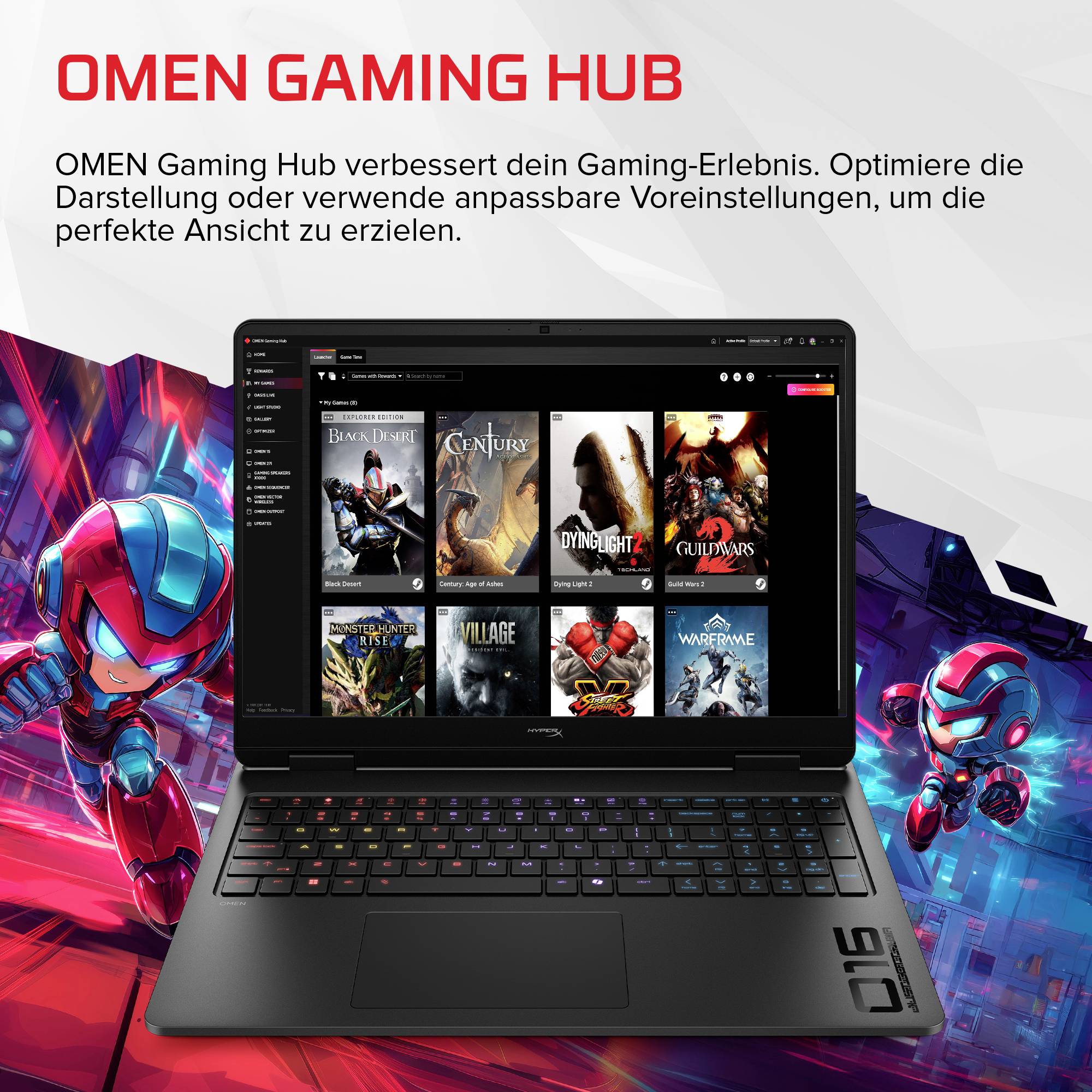 OMEN Gaming Hub Werbung mit einem Laptop, auf dem die App offen ist, und einem deutschen Slogan zur Optimierung der Gaming-Anzeige und anpassbaren Einstellungen.
