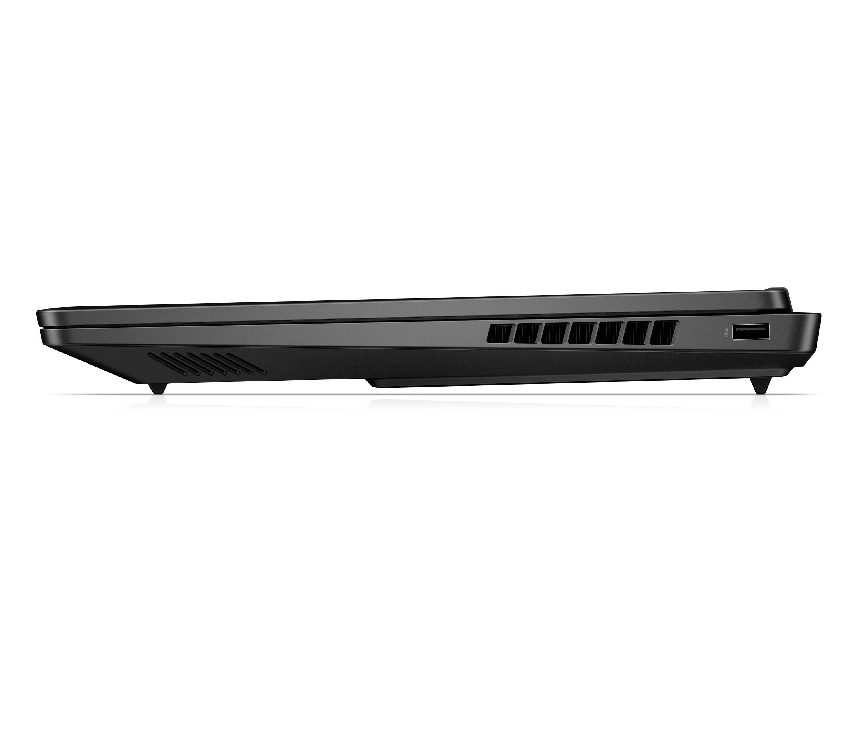 Seitenansicht eines schwarzen Laptops, die sein dünnes Profil, Lüftungsschlitze und einen USB-Anschluss auf weißem Hintergrund zeigt.